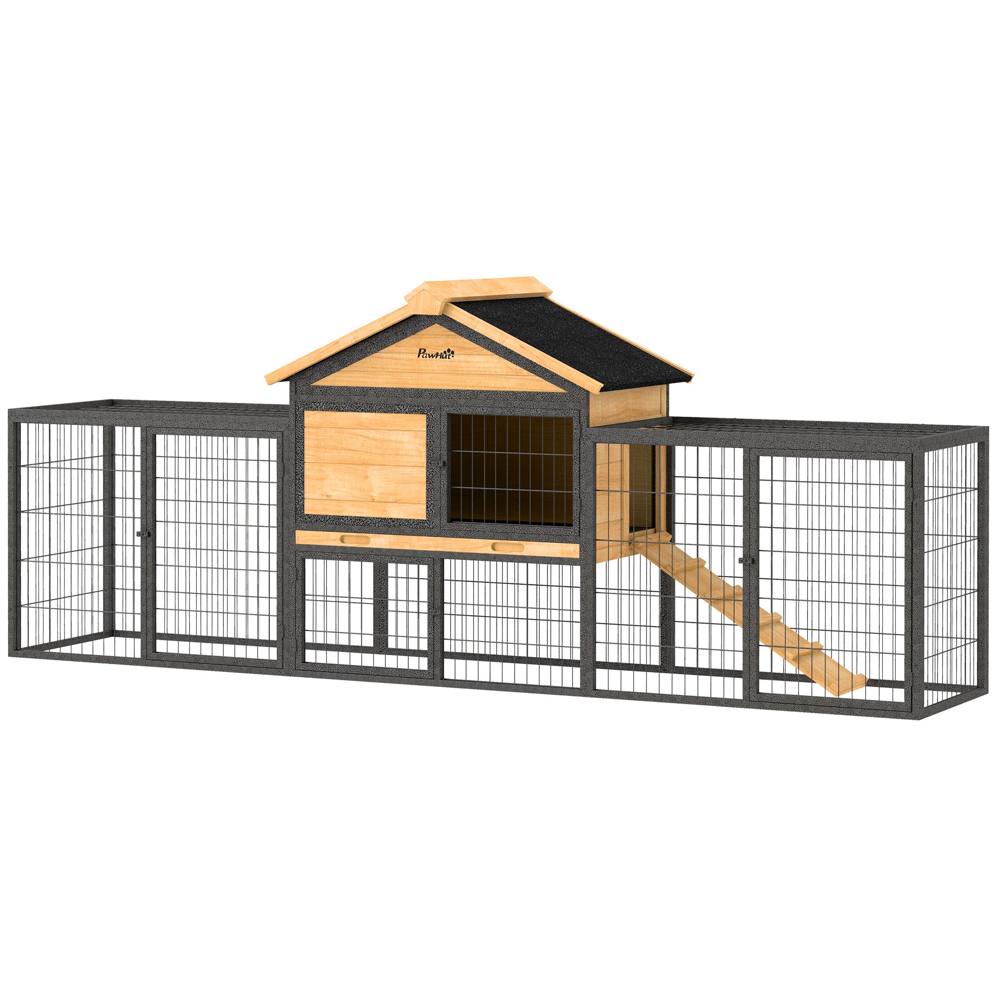 Clapier extérieur pour lapins, grande cage en bois de 85"L avec enclos, bac en plastique amovible, toit en asphalte, rampe, jaune