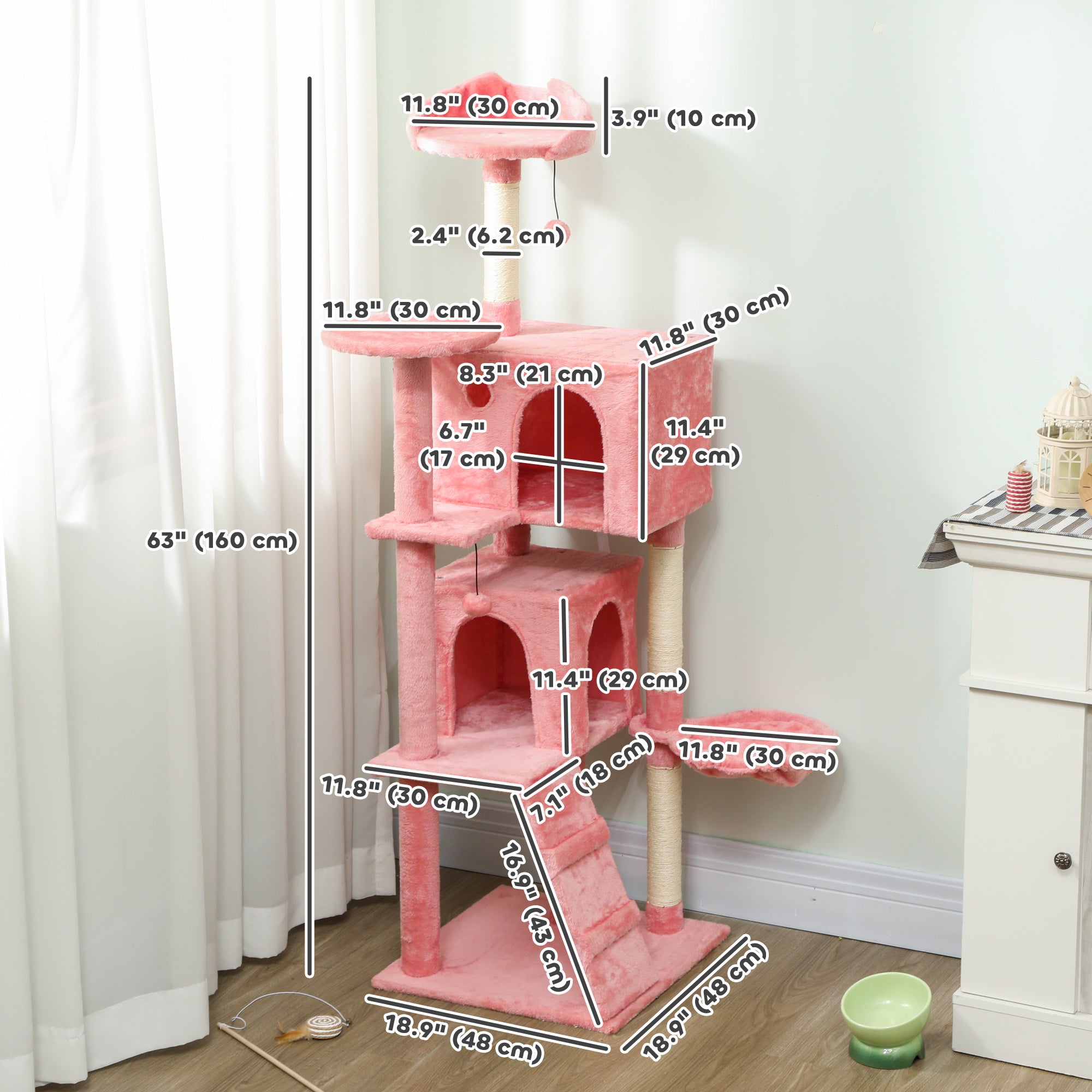 63 Inch Cat Tree with Sisal Scratching Posts, Condos, Plush Perches, Hammock, Ladder, Dangling Balls, Pink