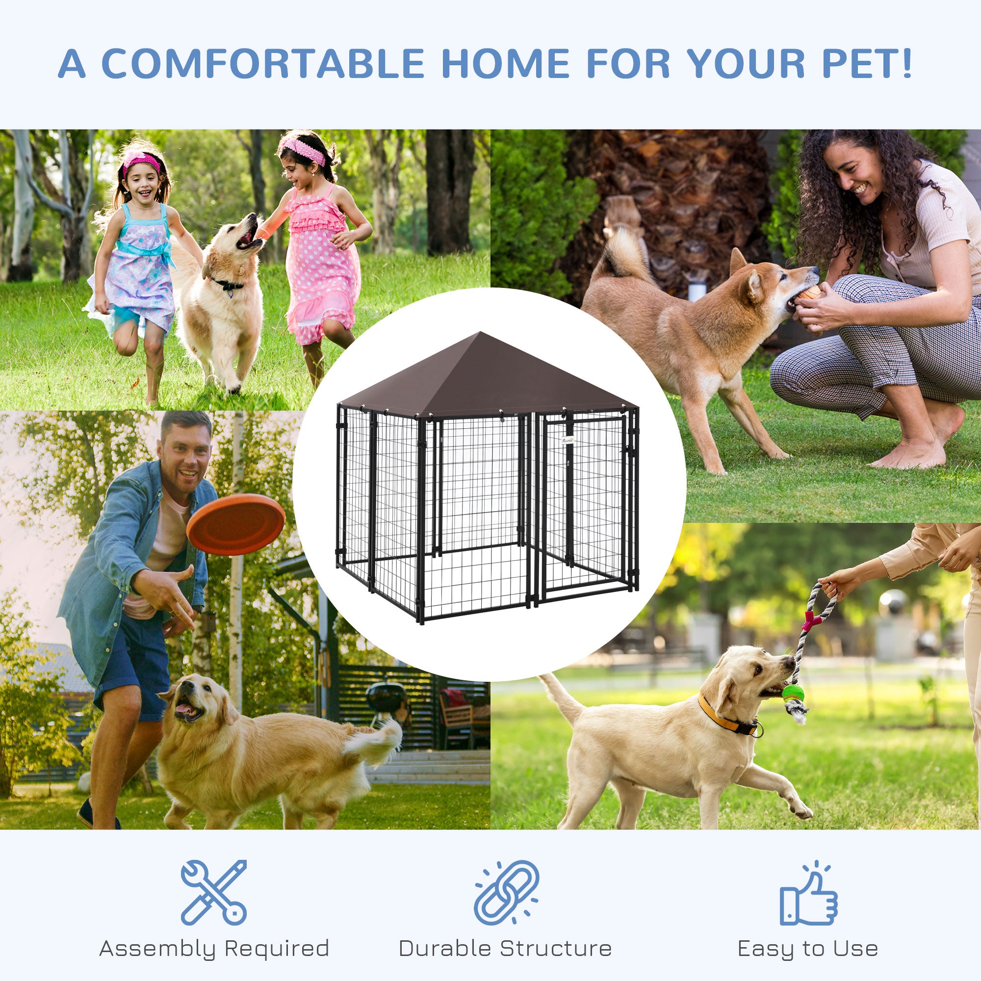 Chenil extérieur pour chien, clôture en acier à grillage soudé, parc cage pour animaux verrouillable, avec toit en toile résistant à l’eau et aux UV, porte, 4,6 ft x 4,6 ft x 5 ft, noir