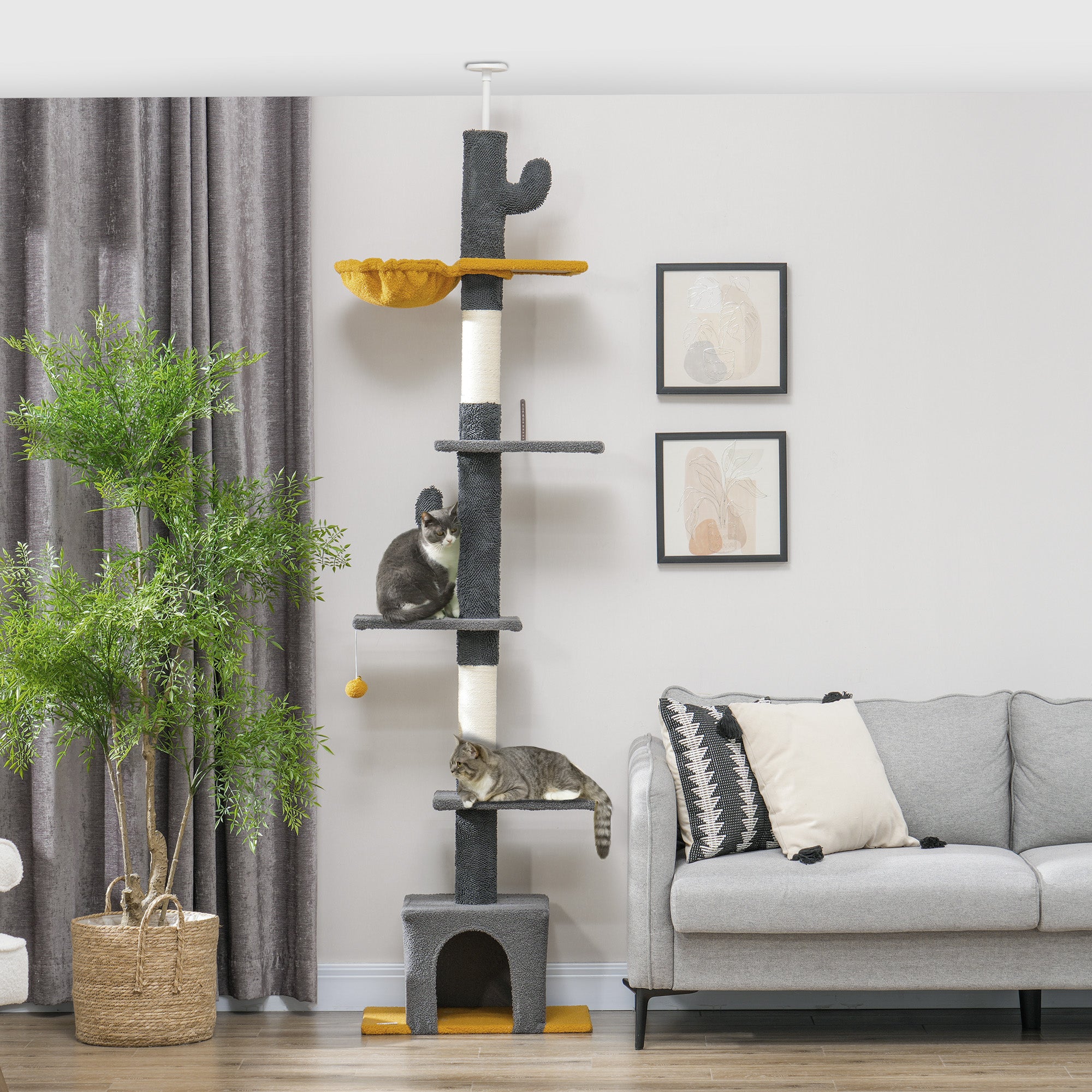 Floor to Ceiling Cat TreeTower with 90.5"-108" Adjustable Height, Scratching Posts, Hammock, Condo, Toy Ball, Dark Grey