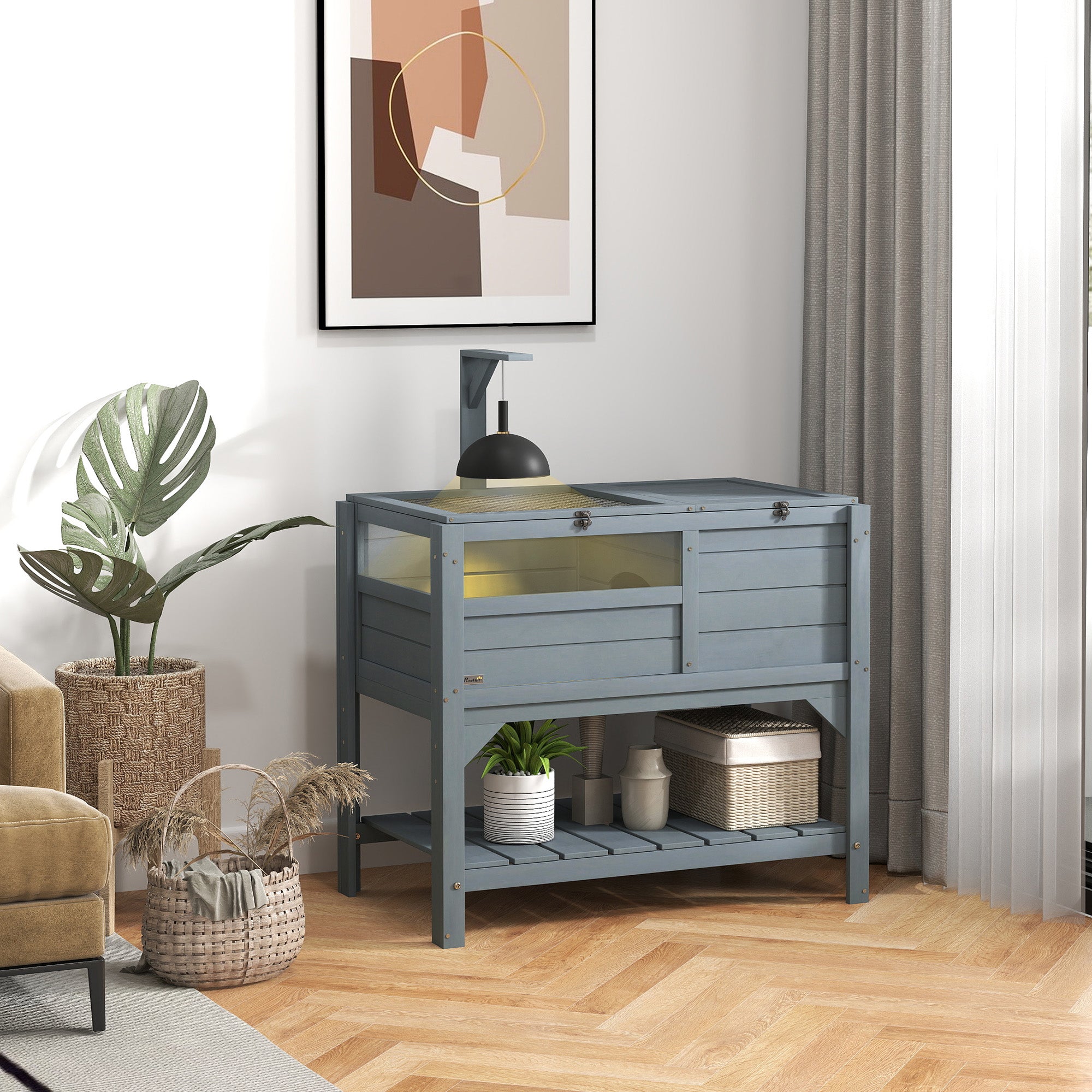 Wooden Tortoise House Habitat with Shelf, Light Support Frame, Tray for Indoor Use, 33" L x 20" W x 41" H