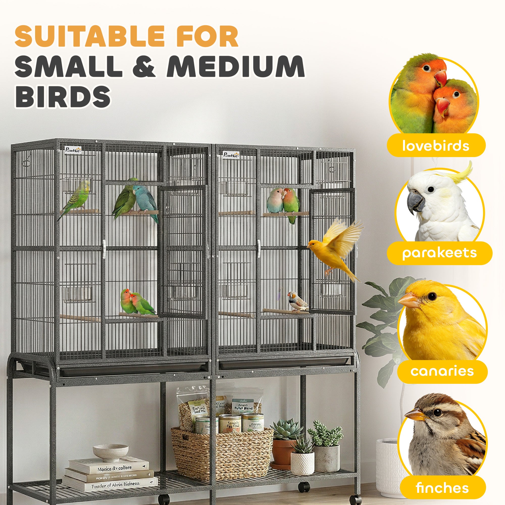 56"H Bird Cage, Parrot Cage w/ Detachable Rolling Stand, Removable Tray, Storage Shelf, Perches, Food Container