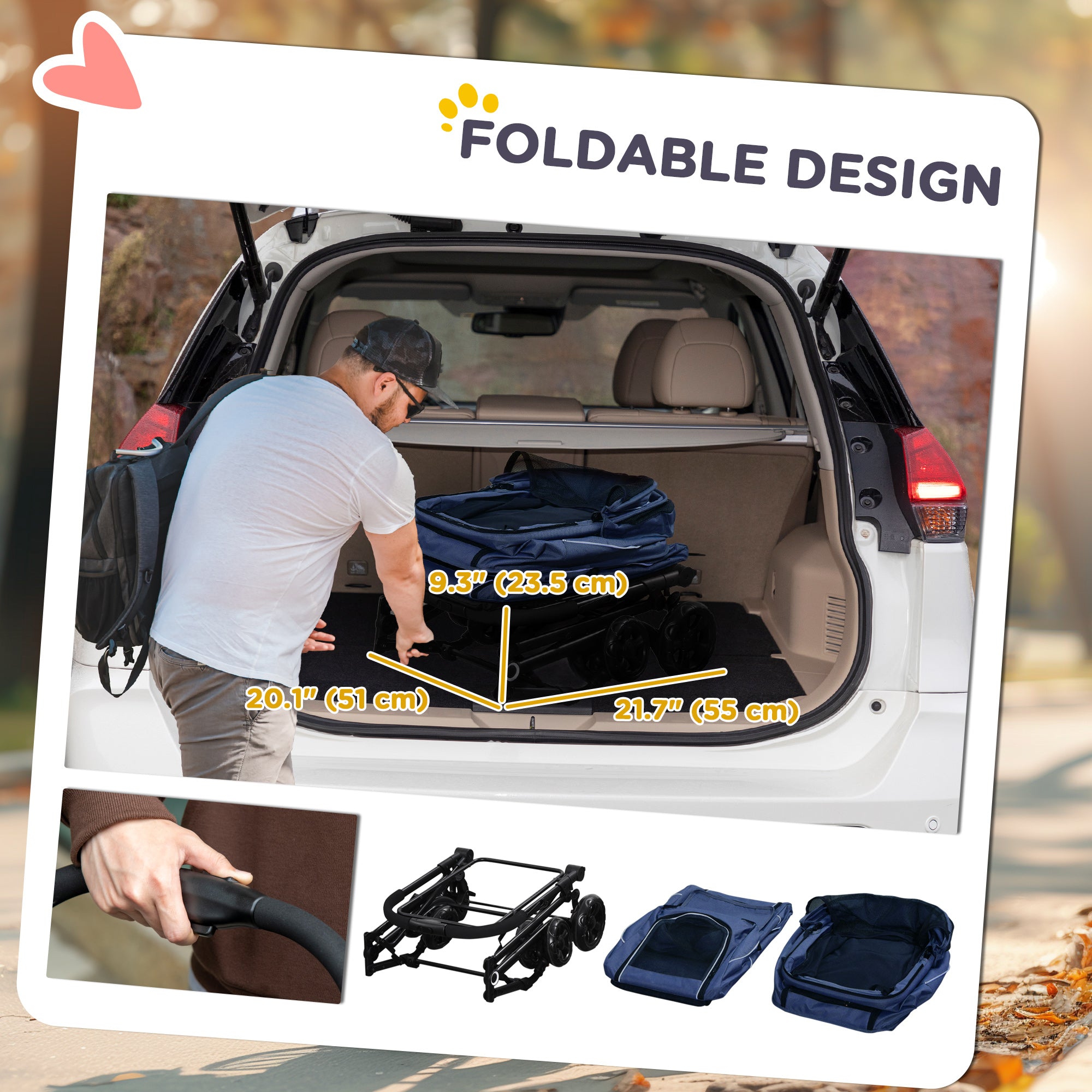 Poussette double 3-en-1 pour petits chiens miniatures et chats, avec sac de transport amovible et pliable, siège auto, bleu