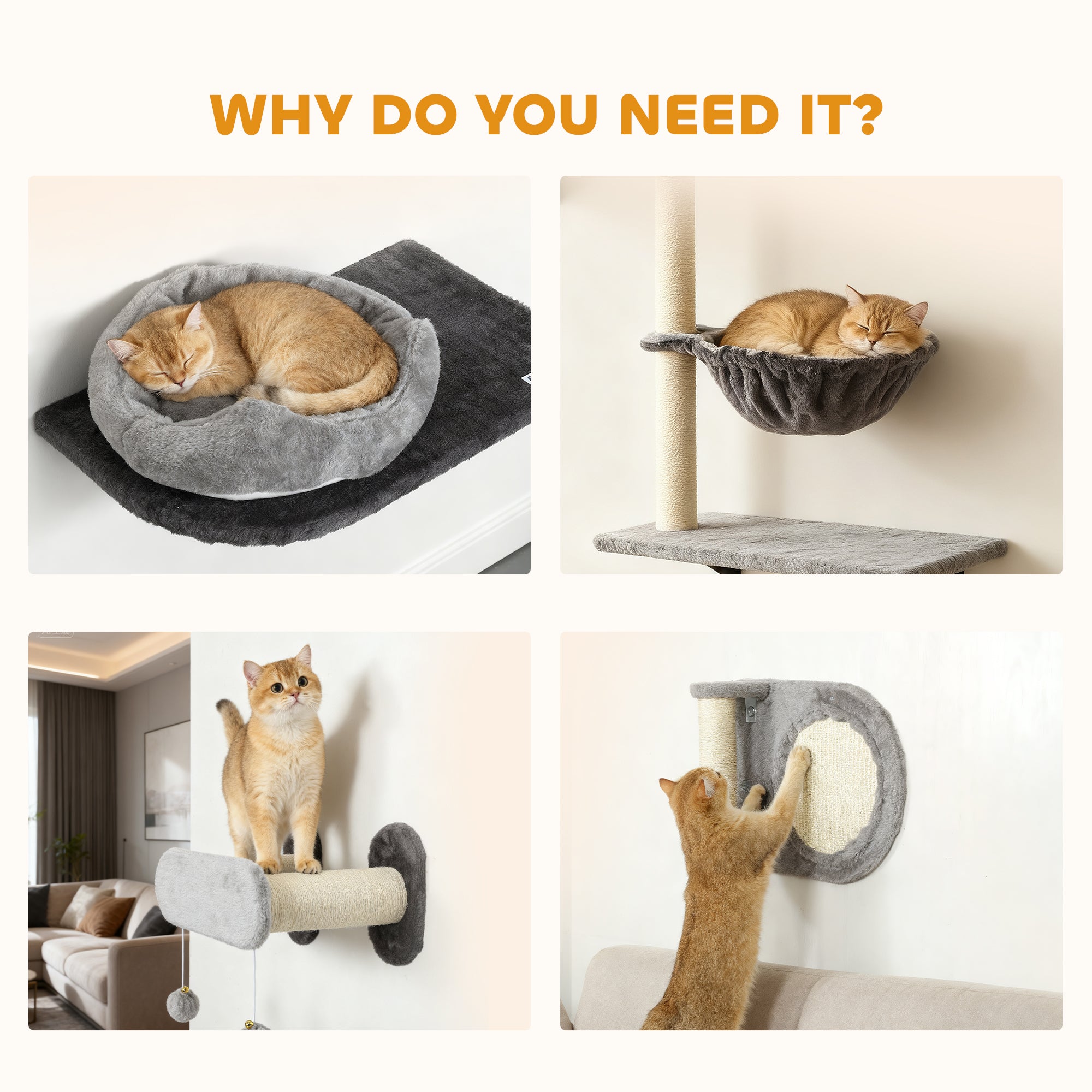 4Pcs Cat Wall Shelves with Scratching Post & Pad, Condo, Hammock, Bed, Step, Hanging Pompoms, Perches