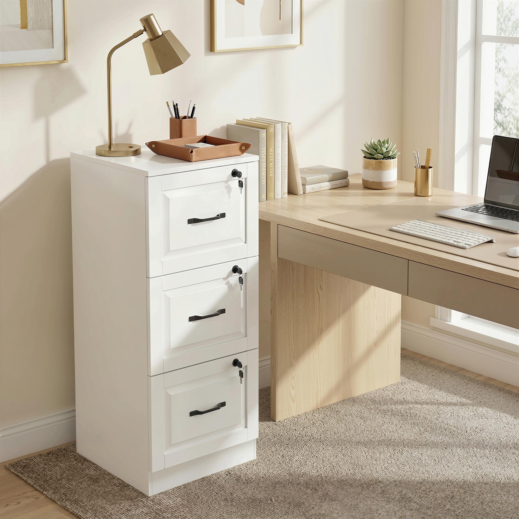 3 Drawer File Cabinet with Lock, Vertical Filing Cabinet with Adjustable Hanging Bars for A4 and Letter Size, White-Office Products > Office Furniture > Office Cabinets & Cupboards-DECOROLALA