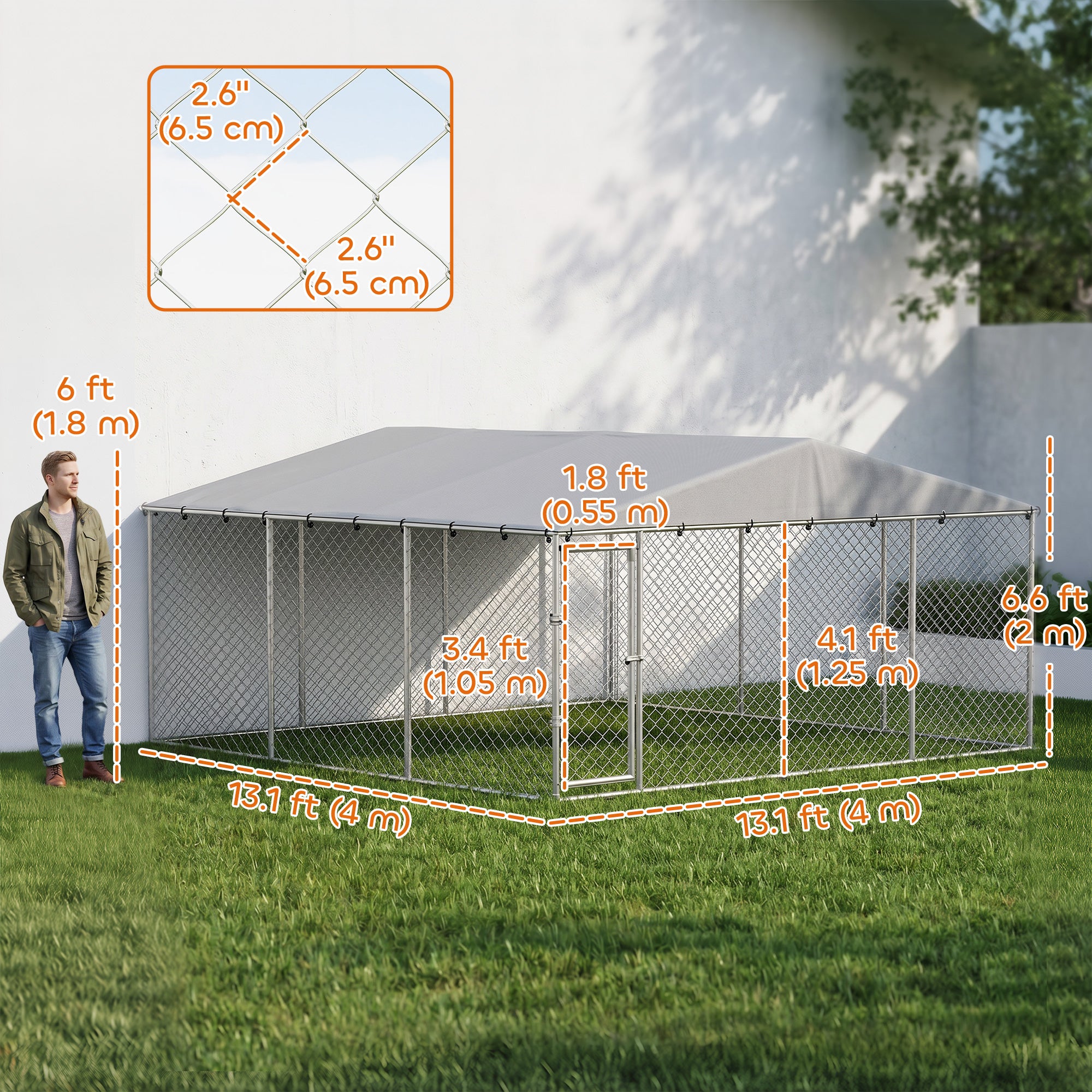 13.1' x 13.1' x 6.6' Outdoor Dog Kennel Heavy Duty Galvanized Steel Chain Link with UV-resistant Roof, Silver