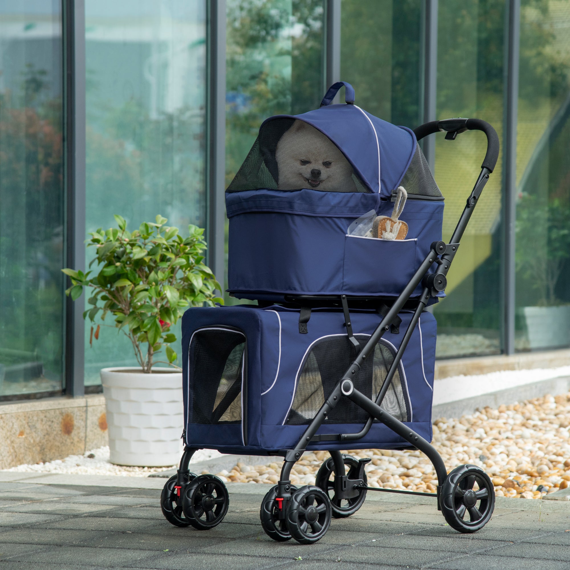 Poussette double 3-en-1 pour petits chiens miniatures et chats, avec sac de transport amovible et pliable, siège auto, bleu
