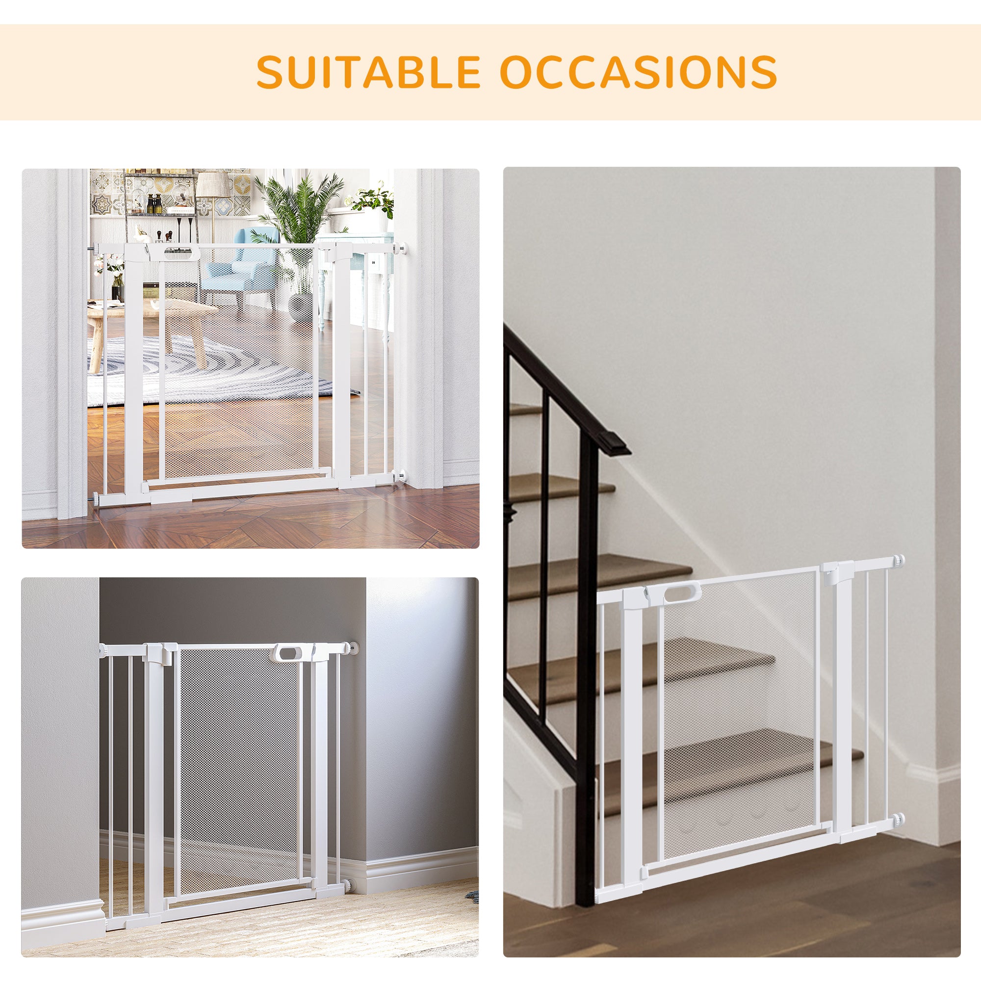 Barrière métallique pour animaux de 29.5"-40.6", barrière pour chiens avec porte à fermeture automatique, double verrouillage, pour embrasures de portes, escaliers et couloirs, blanche