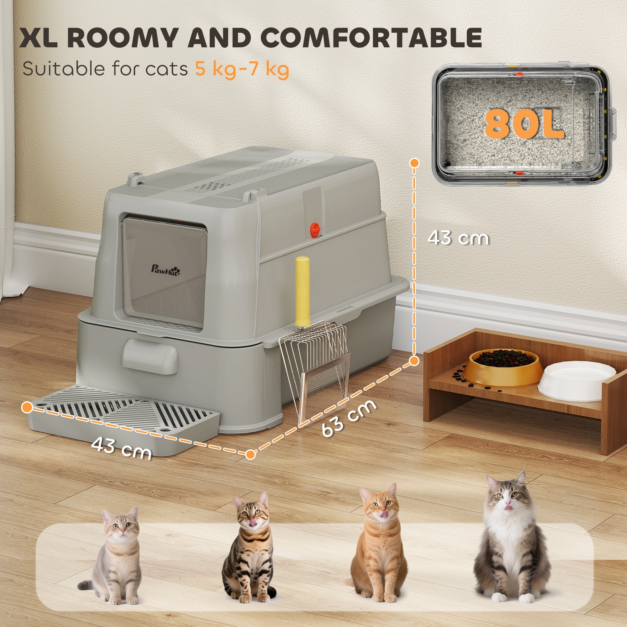 80L XL Stainless Steel Cat Litter Box for Big Cats with Flip Cover, Pull-Out Drawer Tray, High Sided, Pedal, Light Grey