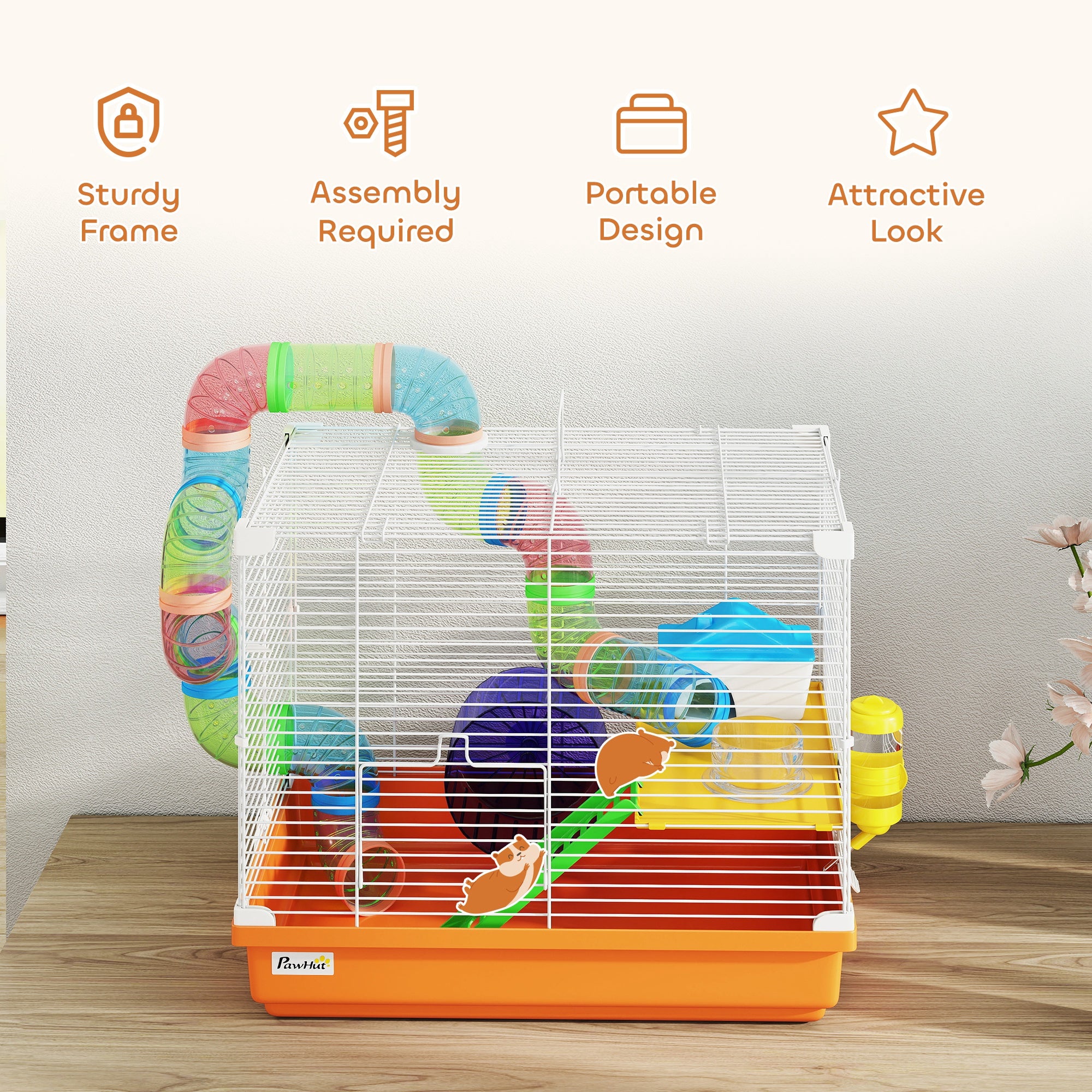 18"L Hamster Cage, Small Animal House, 2-Level Rat Gerbil Haven with Tunnel Tube System, Orange