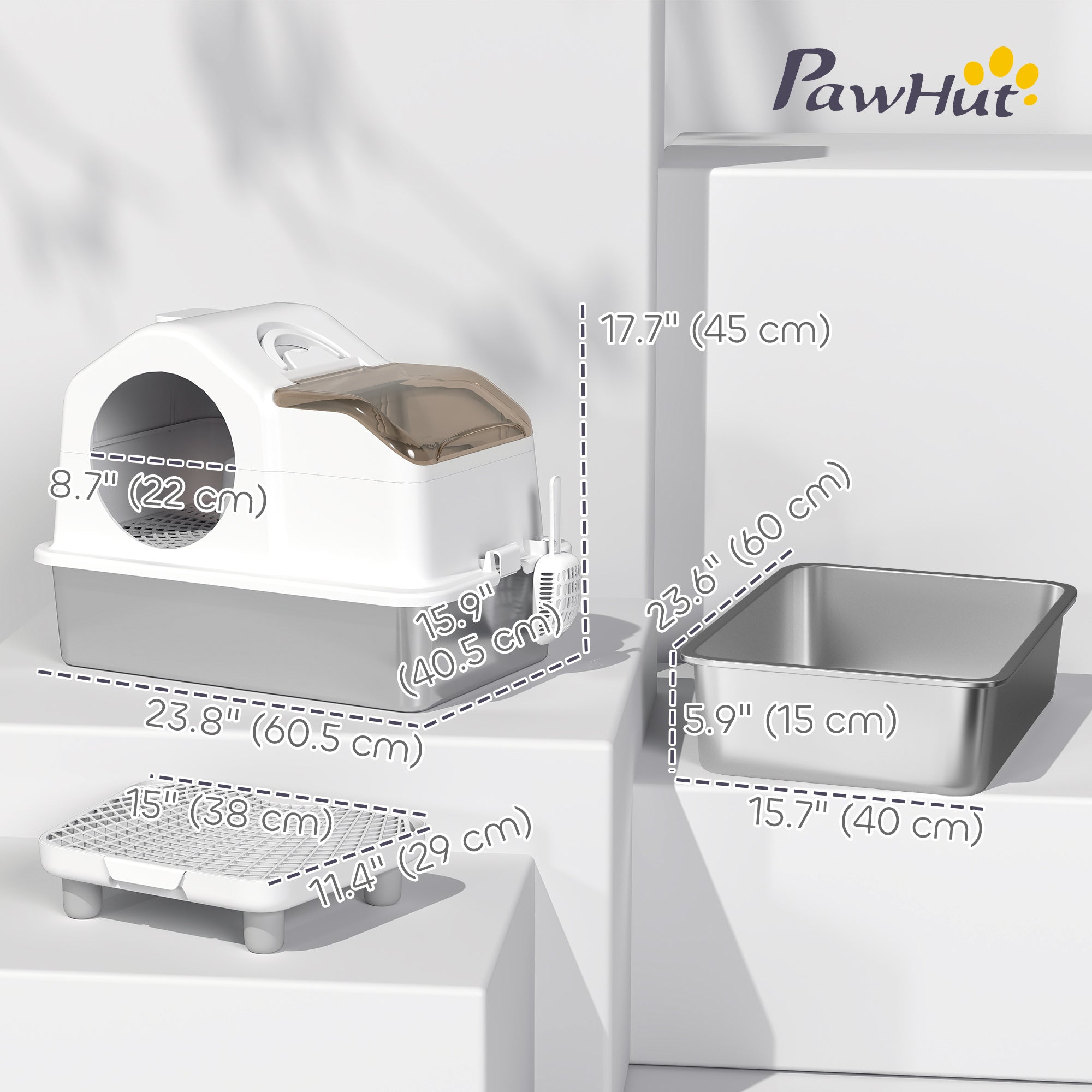 Extra Large Stainless Steel Cat Litter Box w/ High Sided, Removable Lid, Mats, Scoop, Odor Free, Non-Sticky, Leakproof