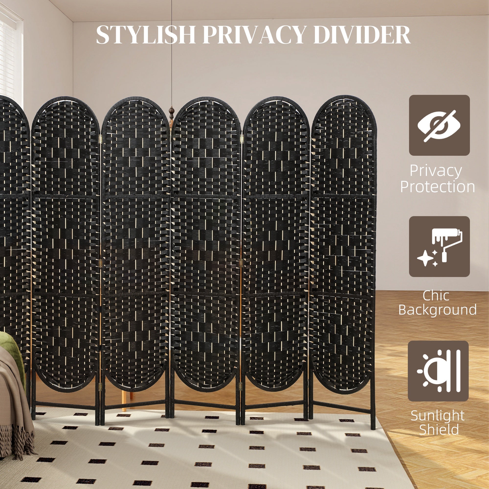 Bohemian Privacy Screen, Folding Room Divider with 6 Panels and Arched Top for Bedroom Living Room Office, Black