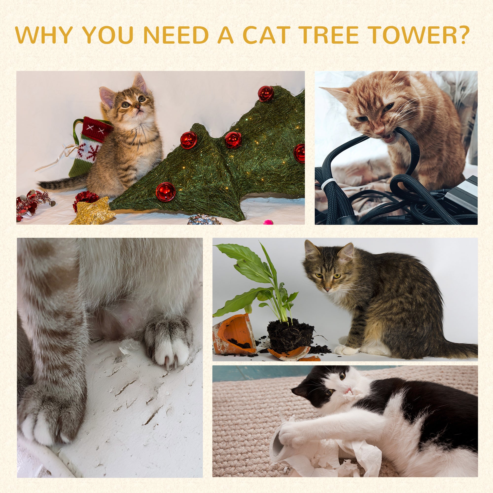 Arbre à chat multi-niveaux de 52", griffoir, centre d’activités et maison de jeu pour chaton avec hamac – gris