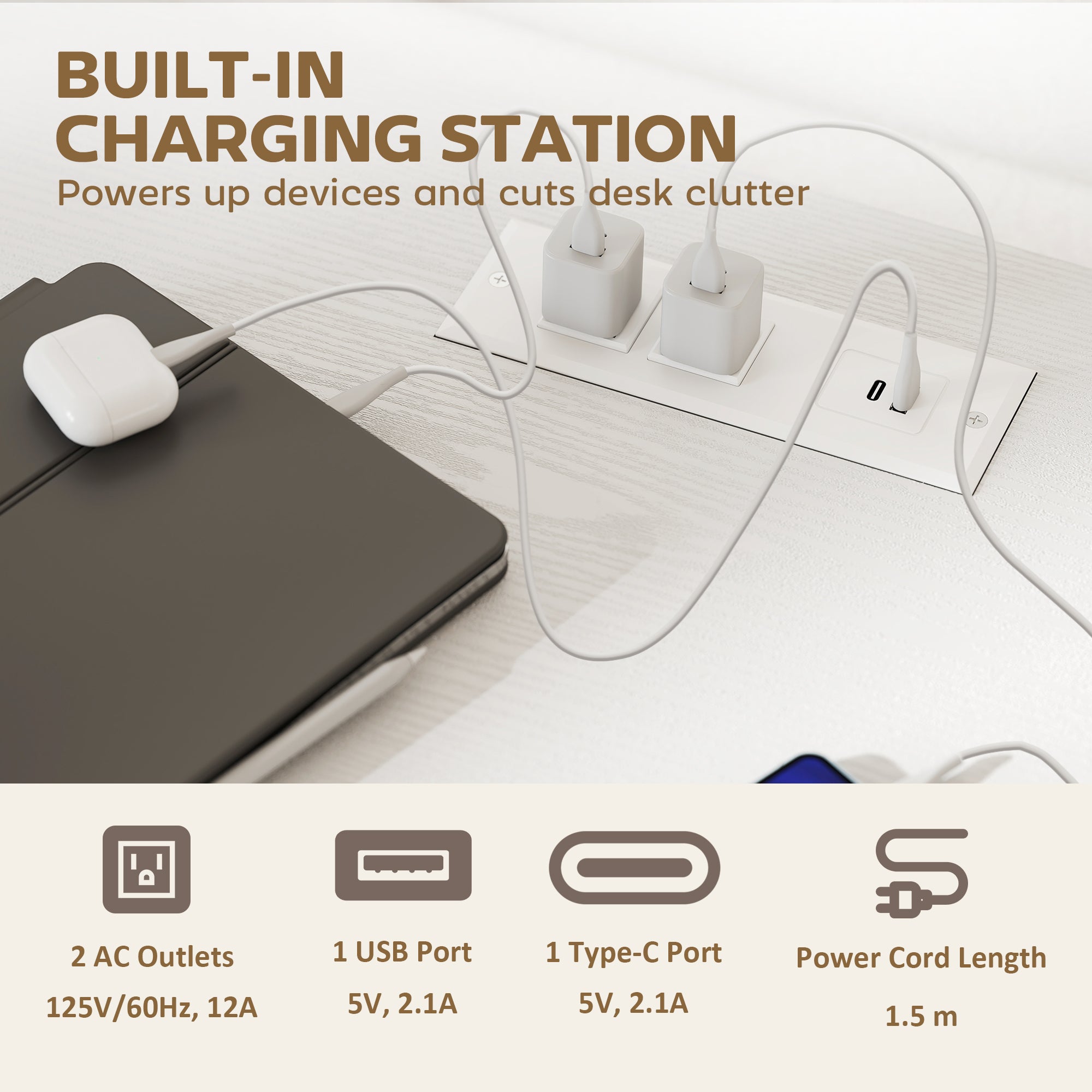 2-Drawer Mobile Lateral File Cabinet with Charging Station - White