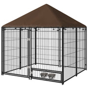 Chenil extérieur pour chien de 4.6' x 4.6' x 5' avec auvent, écuelles rotatives, café