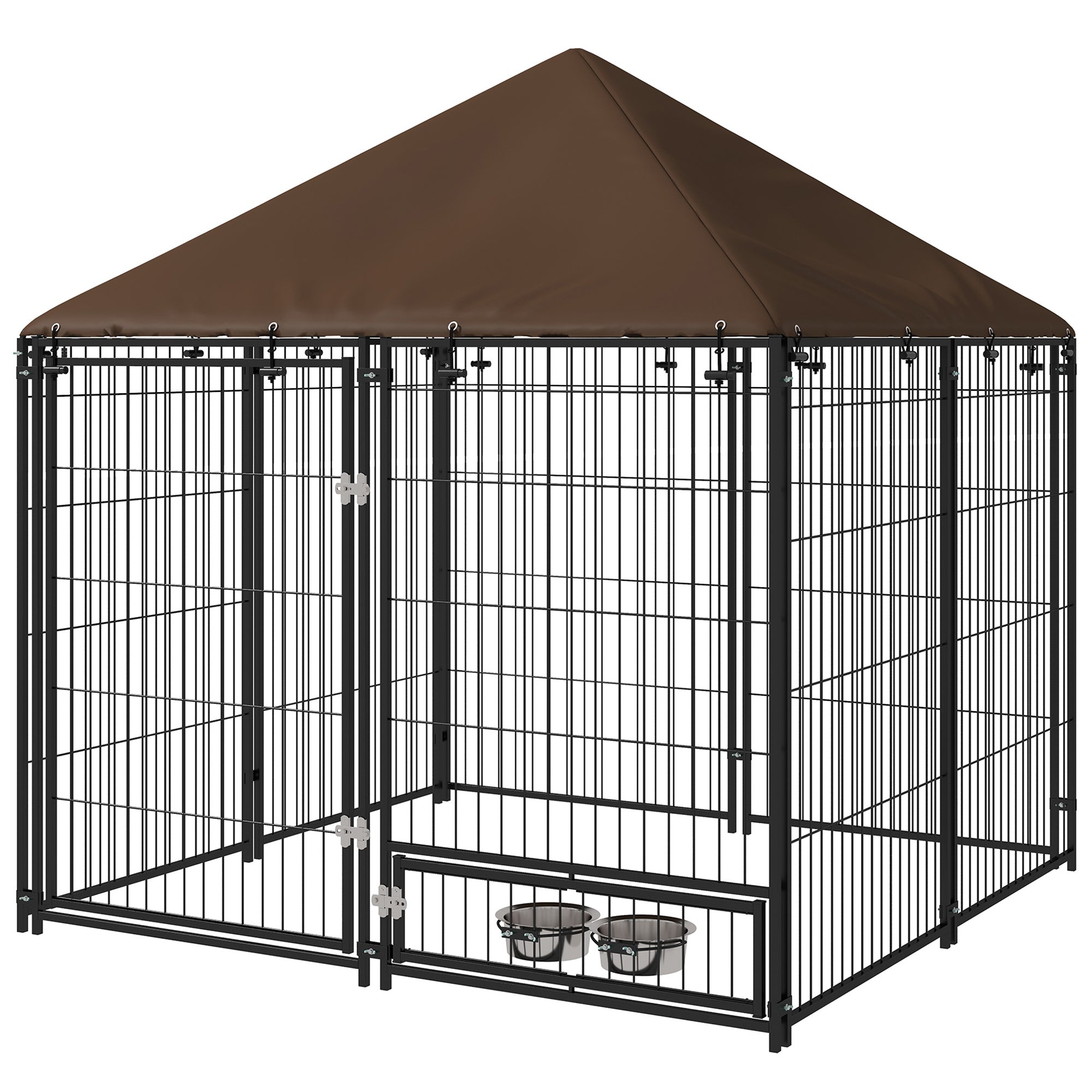 Chenil extérieur pour chien de 4.6' x 4.6' x 5' avec auvent, écuelles rotatives, café