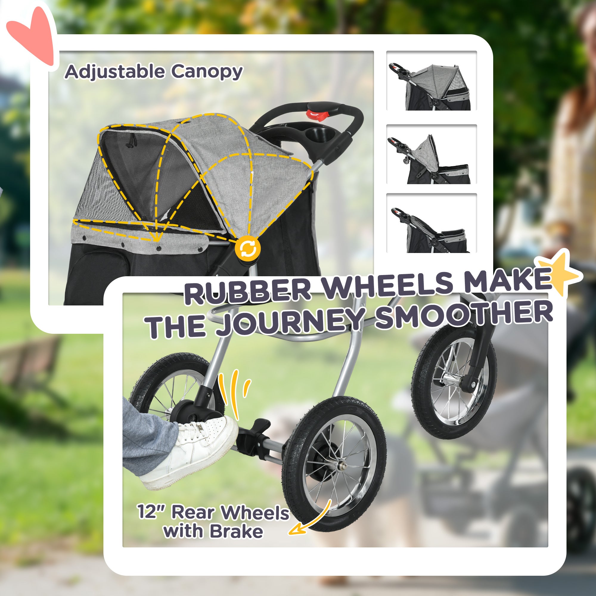 Small Dog Stroller, 3-Wheel Foldable Pet Stroller with Adjustable Canopy and Zippered Mesh Door for Pet Owners, Grey