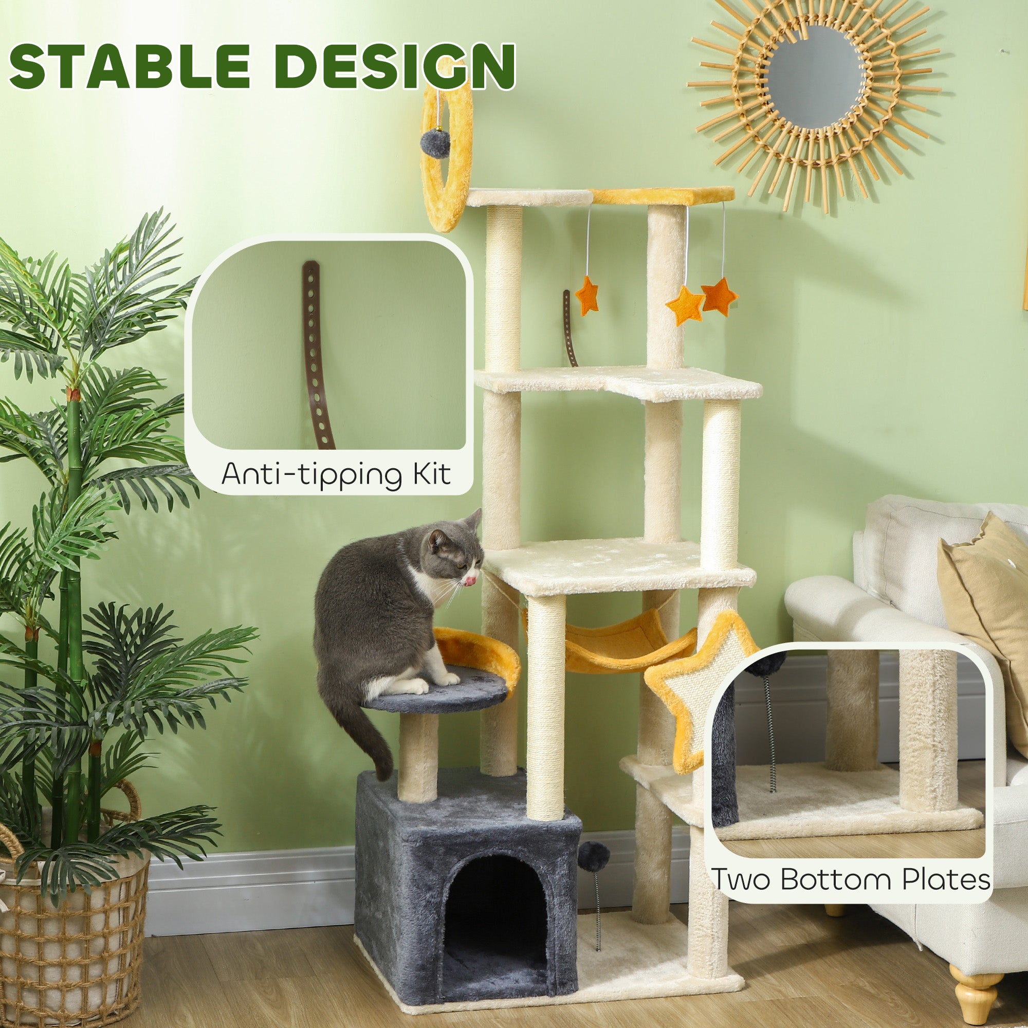 Star and Moon Themed Cat Tree with Cat Scratching Posts, Cat Condo, Bed, Scratching Board, Cat Toys, Beige