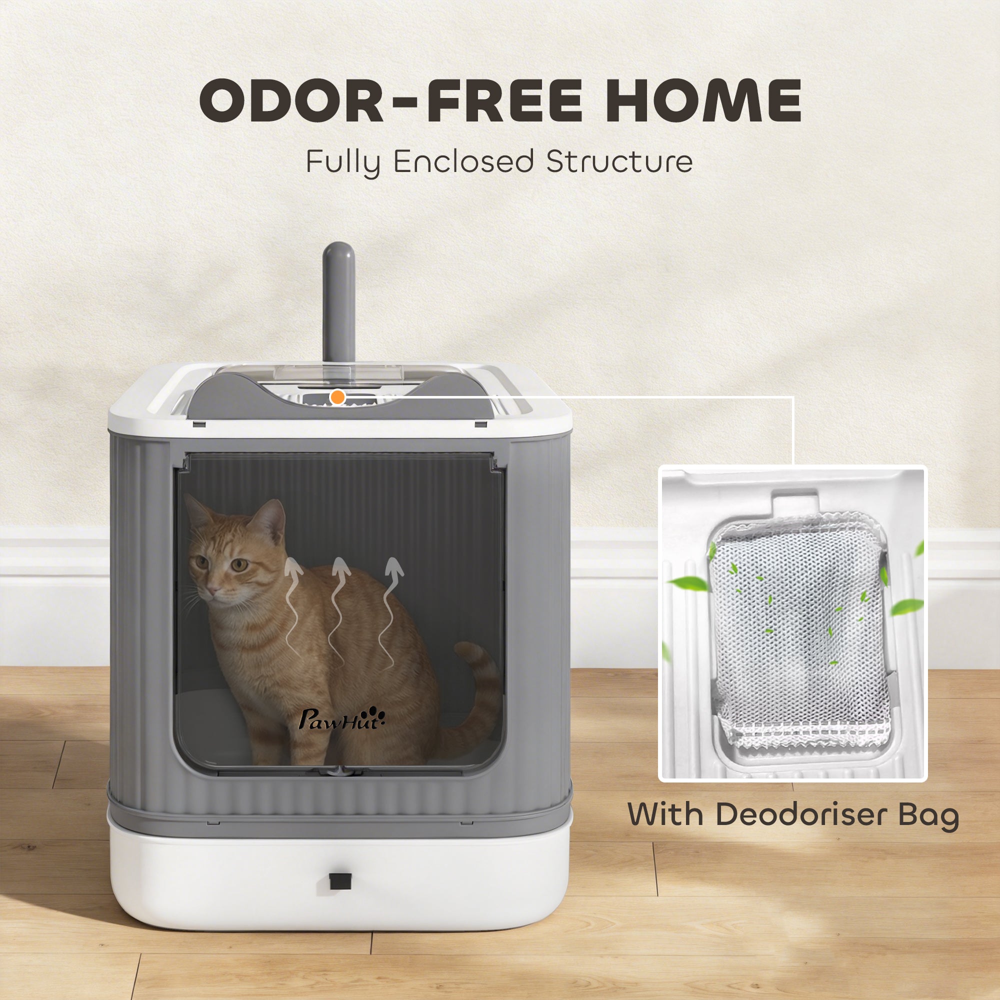 Litter Box with Lid, Enclosed Kitty Litter Box with Front-Entry, Top-Exit, Scoop, Deodorizer Bag for Medium Cats, White