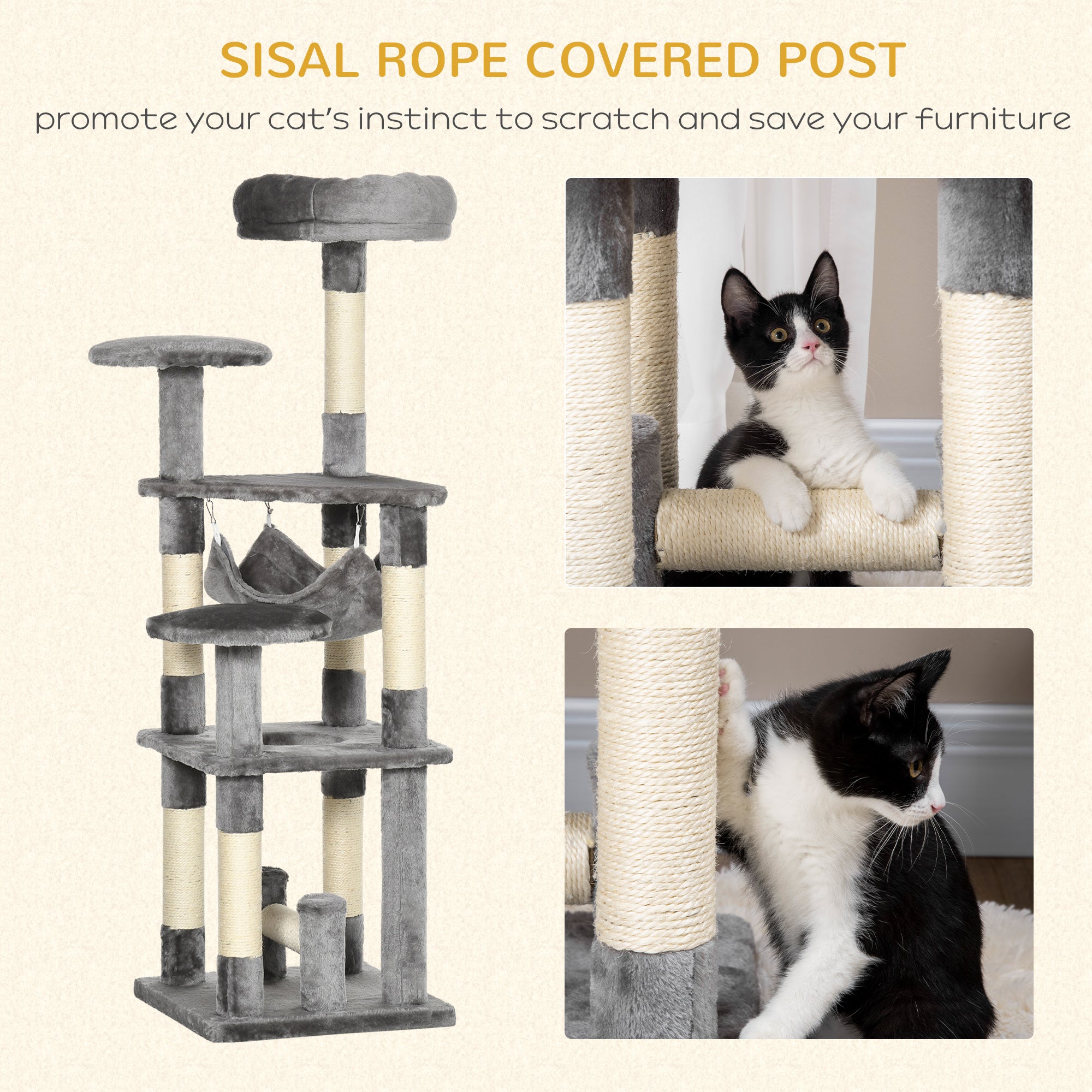 Arbre à chat multi-niveaux de 52", griffoir, centre d’activités et maison de jeu pour chaton avec hamac – gris