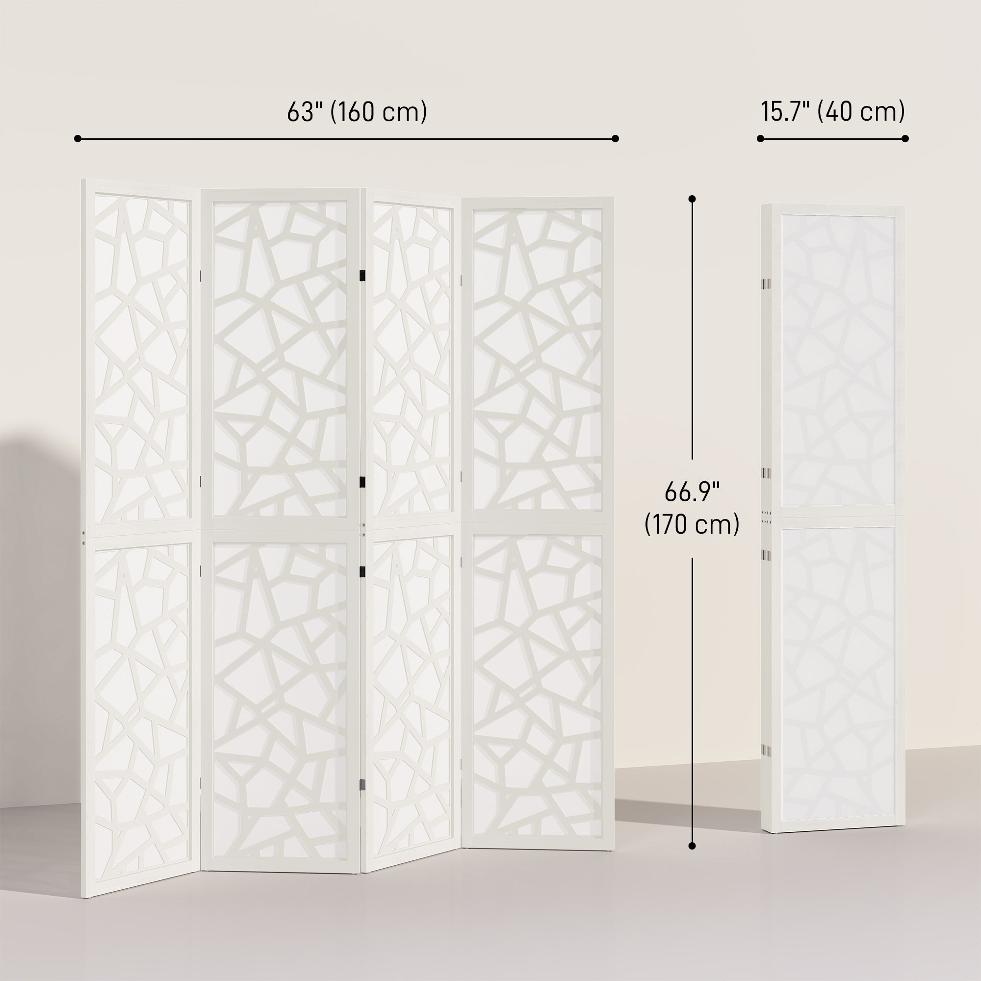 4 Panel Room Divider, 5.6 FT Lightweight Folding Privacy Screen with Geometric Pattern for Living Room, Bedroom, White