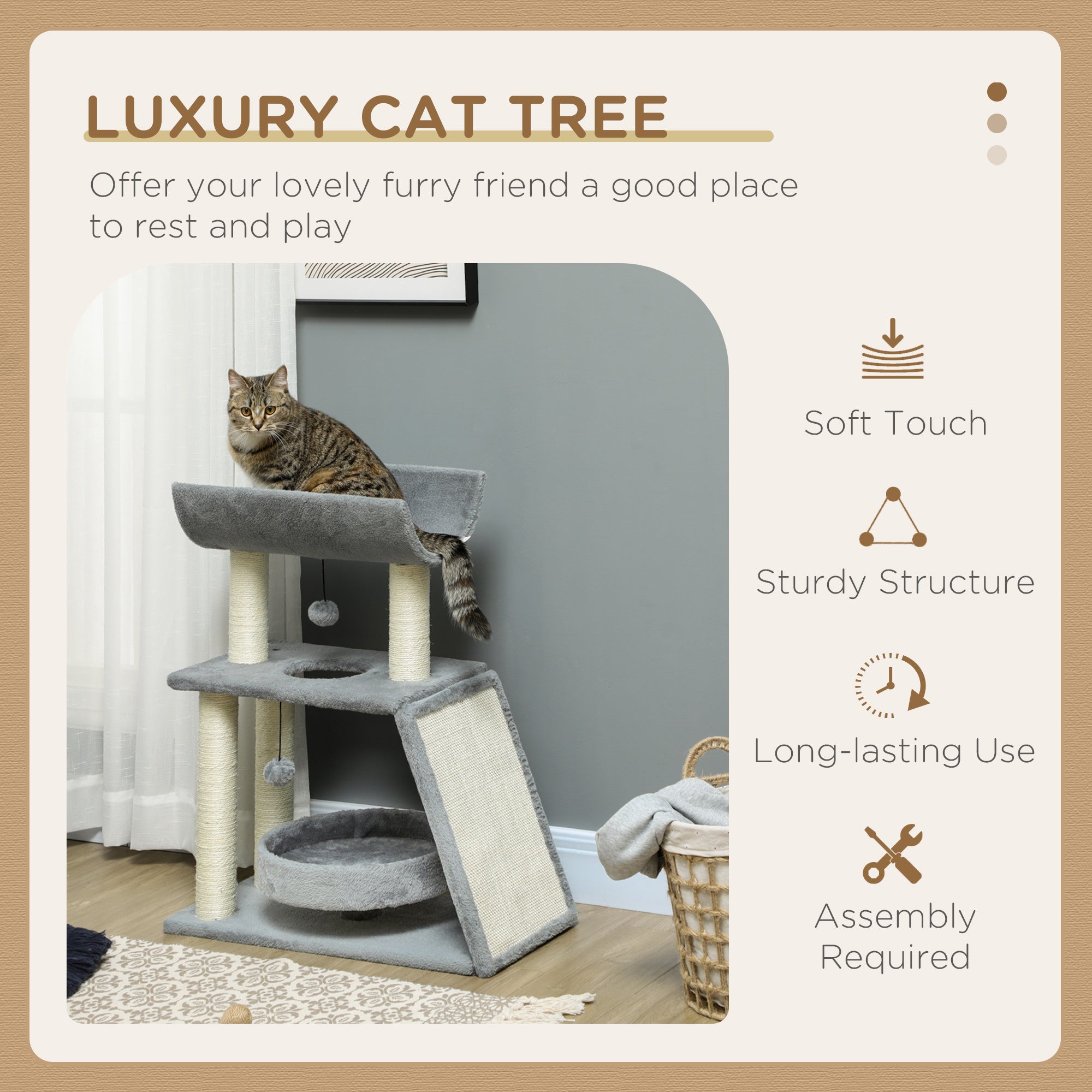Small Cat Tree with Perch, Scratching Posts, Pad, Bed, Toy Balls, Light Grey