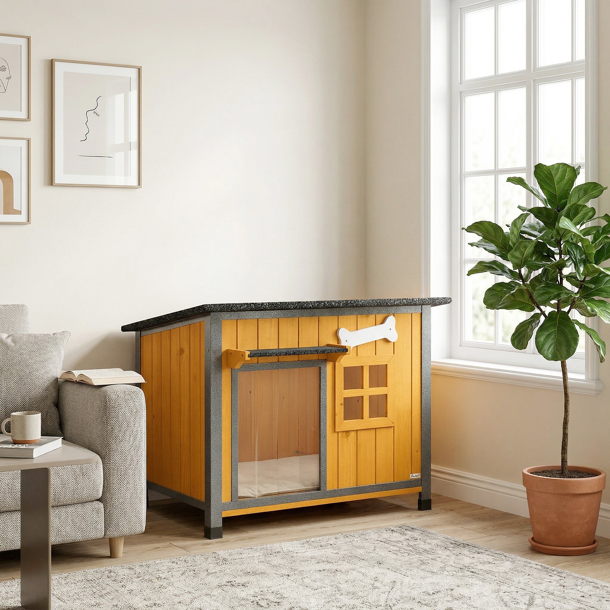 Outdoor Dog House with Anti-Chewing Steel Frame, Openable Roof, Removable Floor, Door Curtain, Yellow