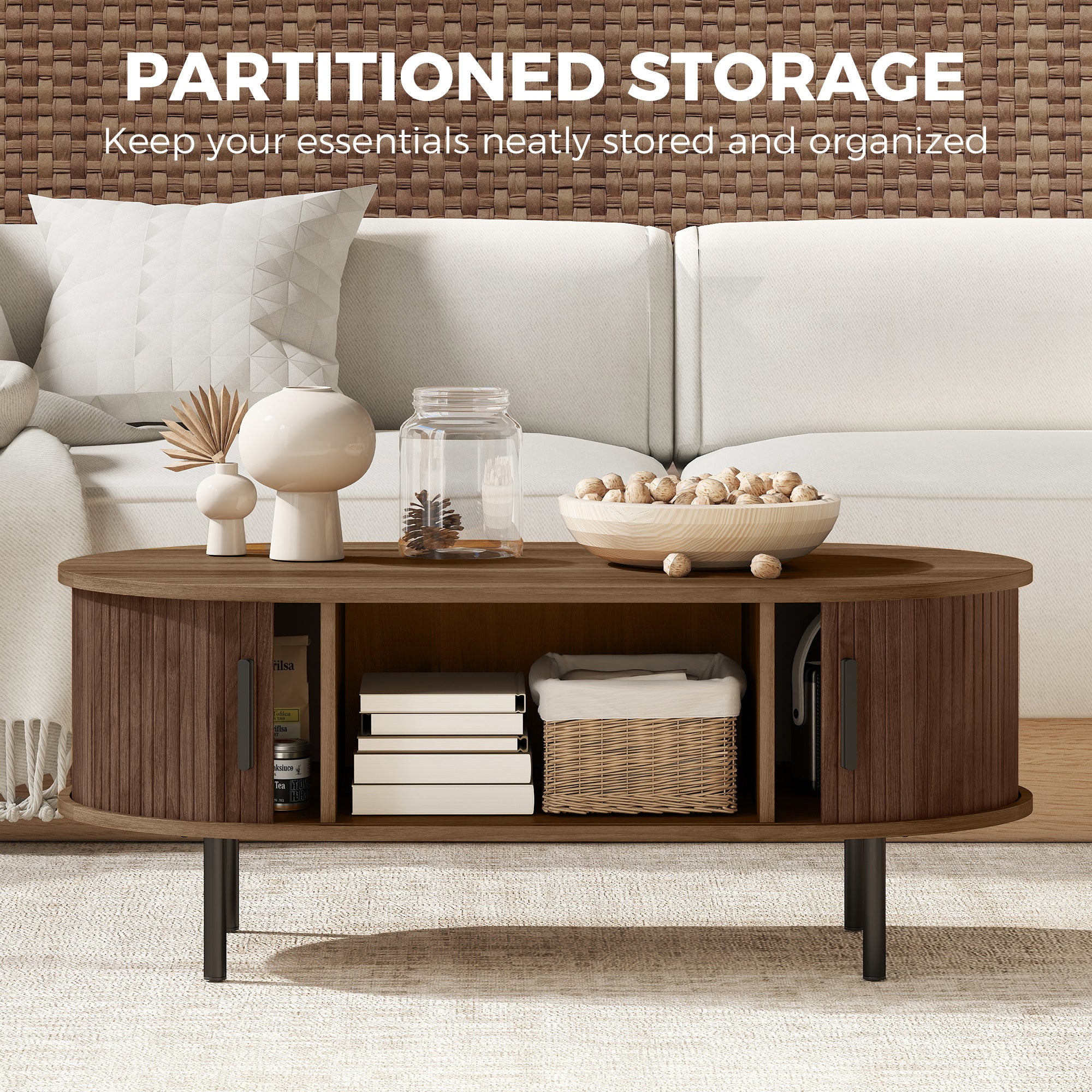 Coffee Table with Sliding Tambour Doors and Storage Center Table with Metal Legs, 39", Brown-Home Furnishings > Living Room Furniture > Coffee Tables-DECOROLALA