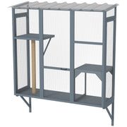 Enclos extérieur en bois pour chats, espace grillagé pour fenêtre permettant d’accueillir 2 à 3 grands chats, avec 2 plateformes de saut et un poteau à griffer, gris