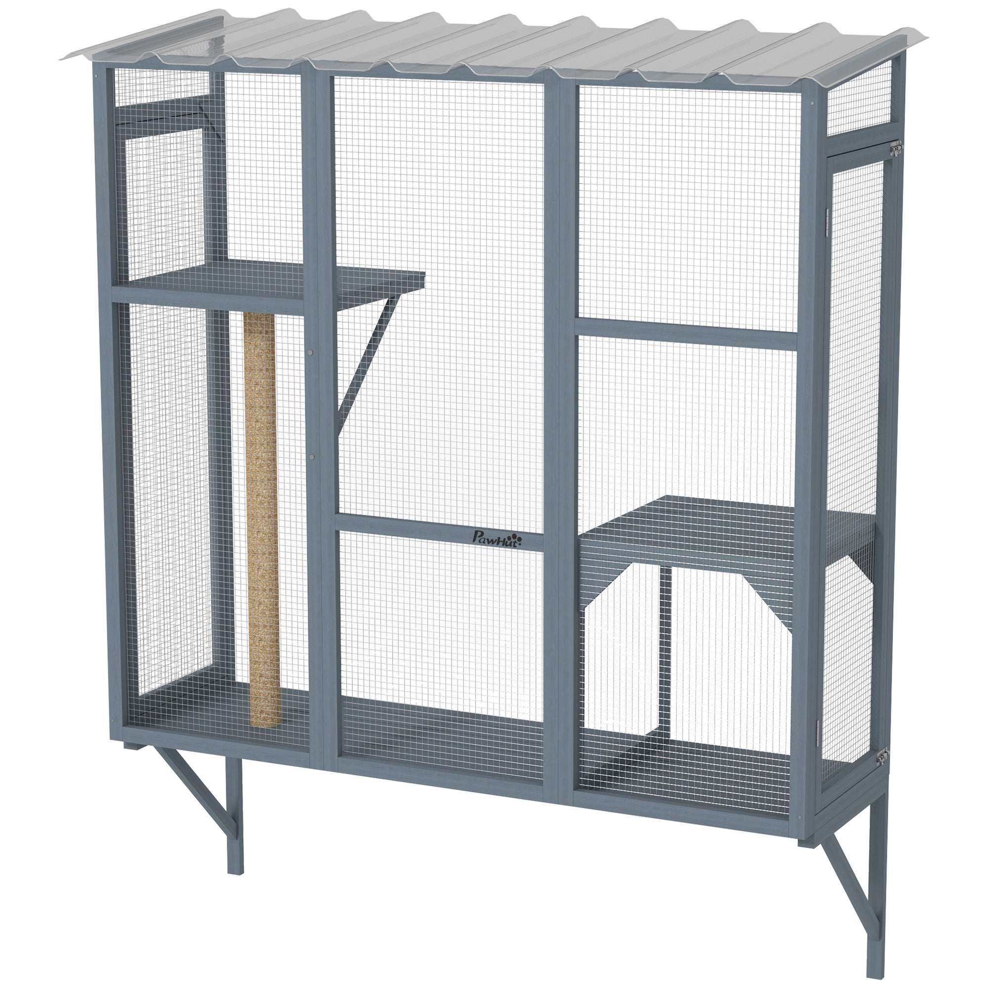 Enclos extérieur en bois pour chats, espace grillagé pour fenêtre permettant d’accueillir 2 à 3 grands chats, avec 2 plateformes de saut et un poteau à griffer, gris