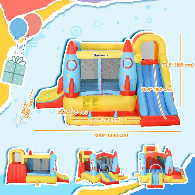 Outsunny Inflatable Rocket Bounce House with Slides and Pool