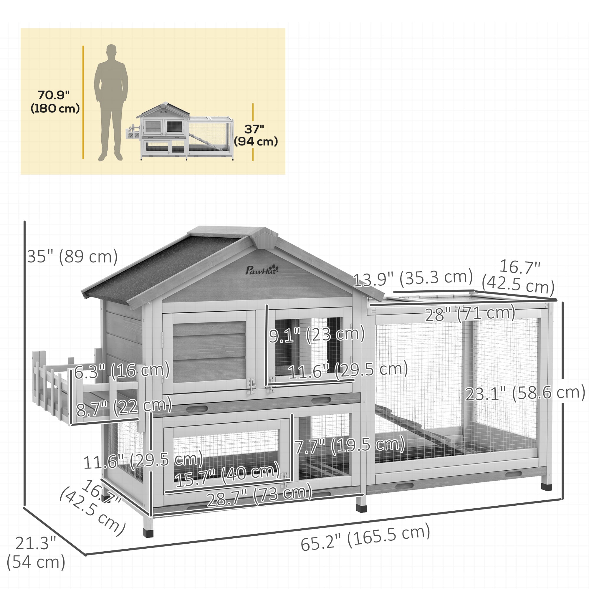 65" Wooden Rabbit Hutch, Pet Playpen with Openable Roof, Storage Box, for Rabbits and Small Animals, Grey