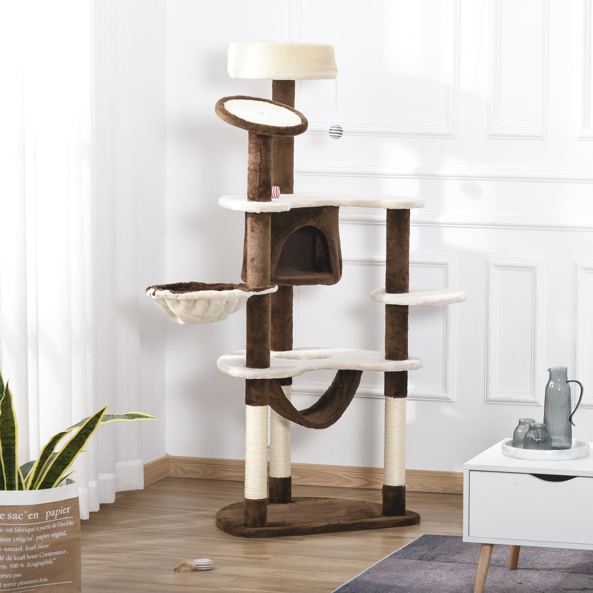 Arbre à griffer pour chat de 60", condo avec couchage, poteau, maison, meubles et jouets pour animaux – marron et beige