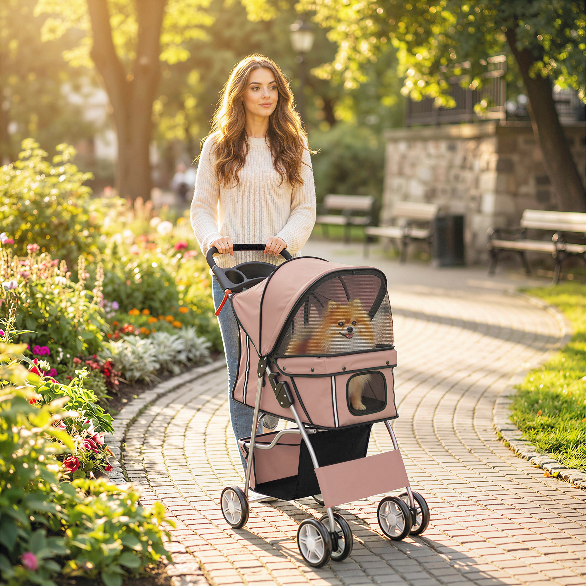 Pet Stroller for Dogs & Cats, Foldable Dog Stroller with Wheels, Reflective Strips, Brake, Pad and Basket, Coffee