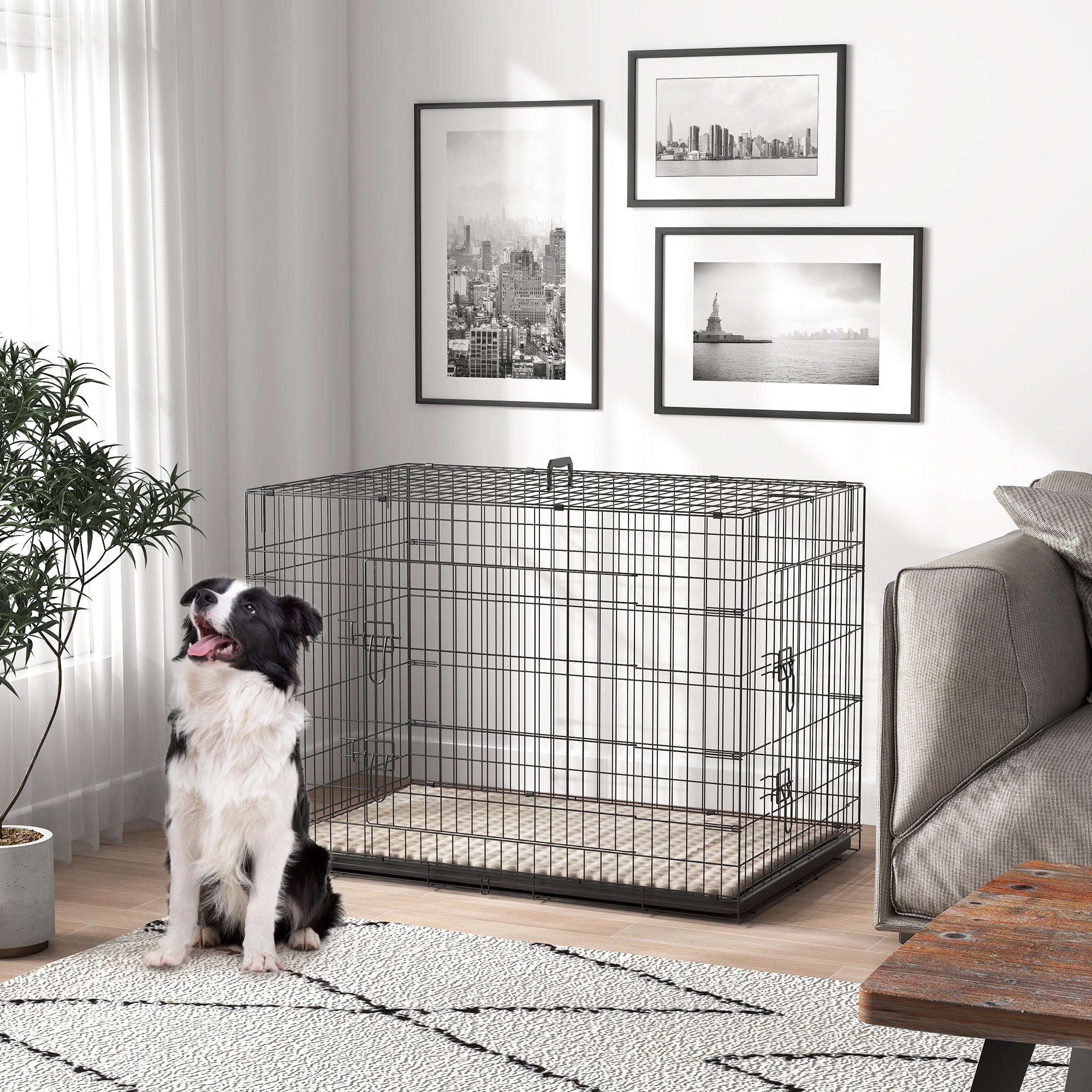 42" Dog Crate with 2 Doors, Folding Metal Dog Cage with Soft Cushion, Removable Tray, Handle, for Small Dogs, Black