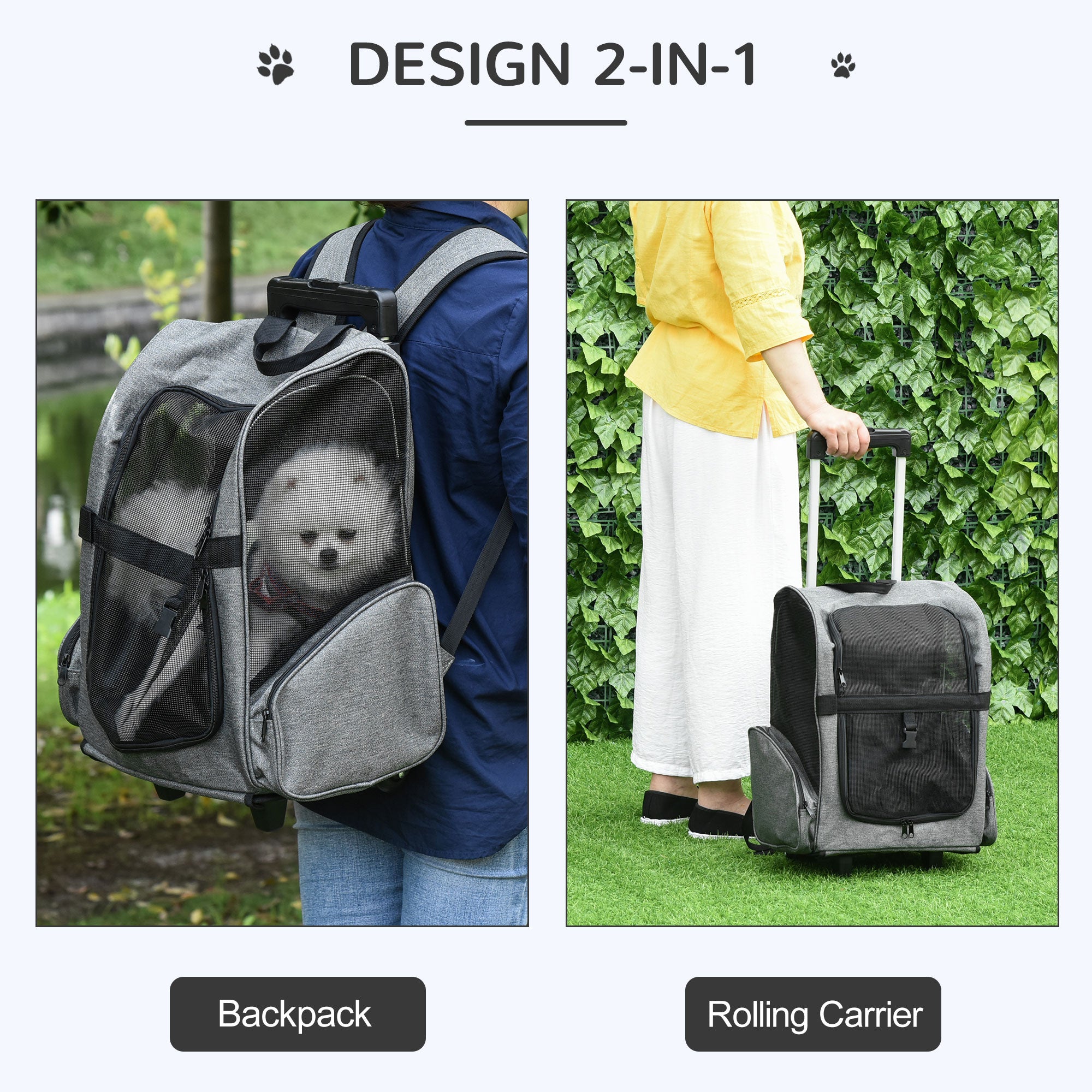 Valise pour animaux 2-en-1, sac à dos et caisse de transport pour chats et chiens avec poignée et roulettes, grise