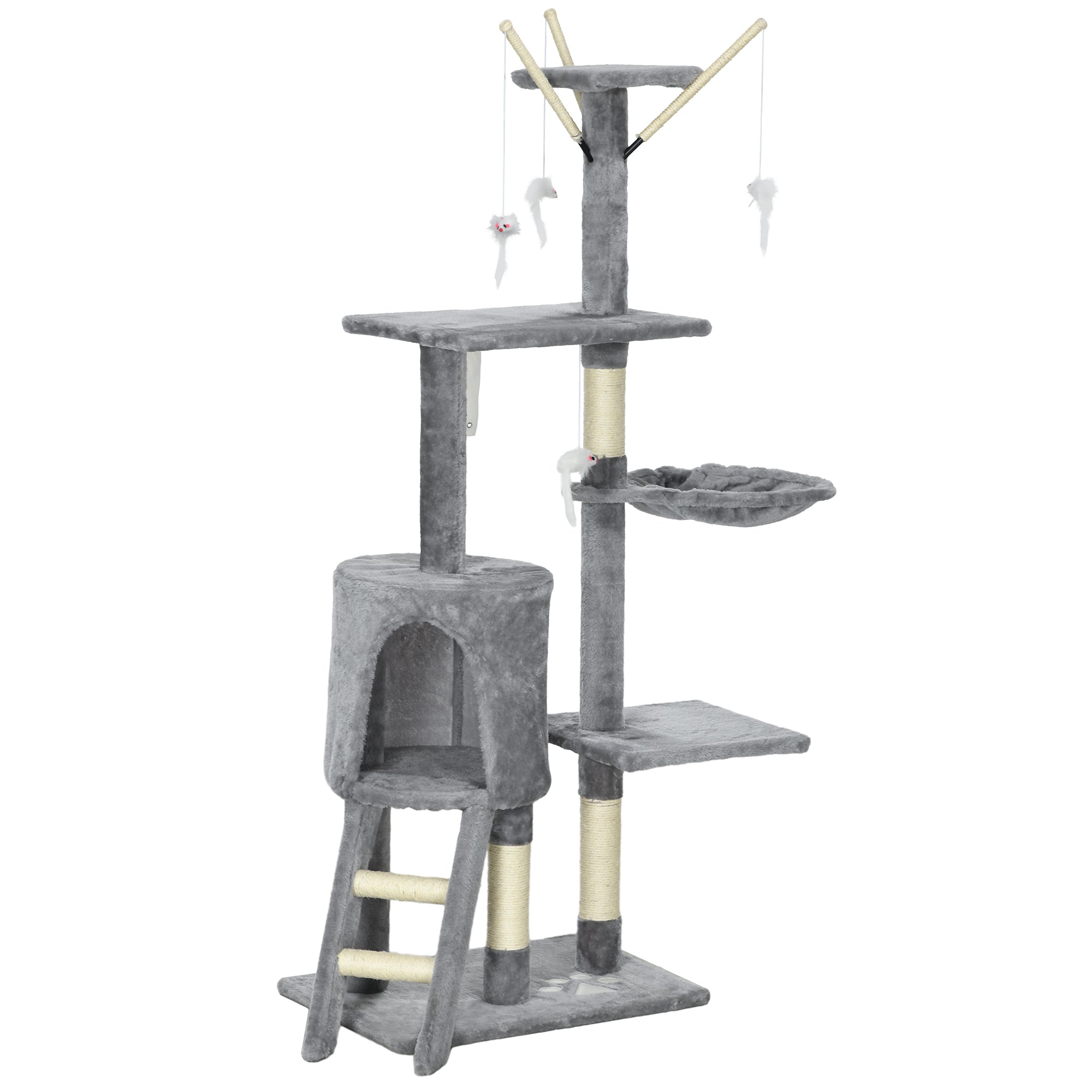 53" Cat Tree Tower, Kitten Activity Centre with Scratching Posts, Condo, Perches, Ladder, Hammock, Dangling Toys, Grey