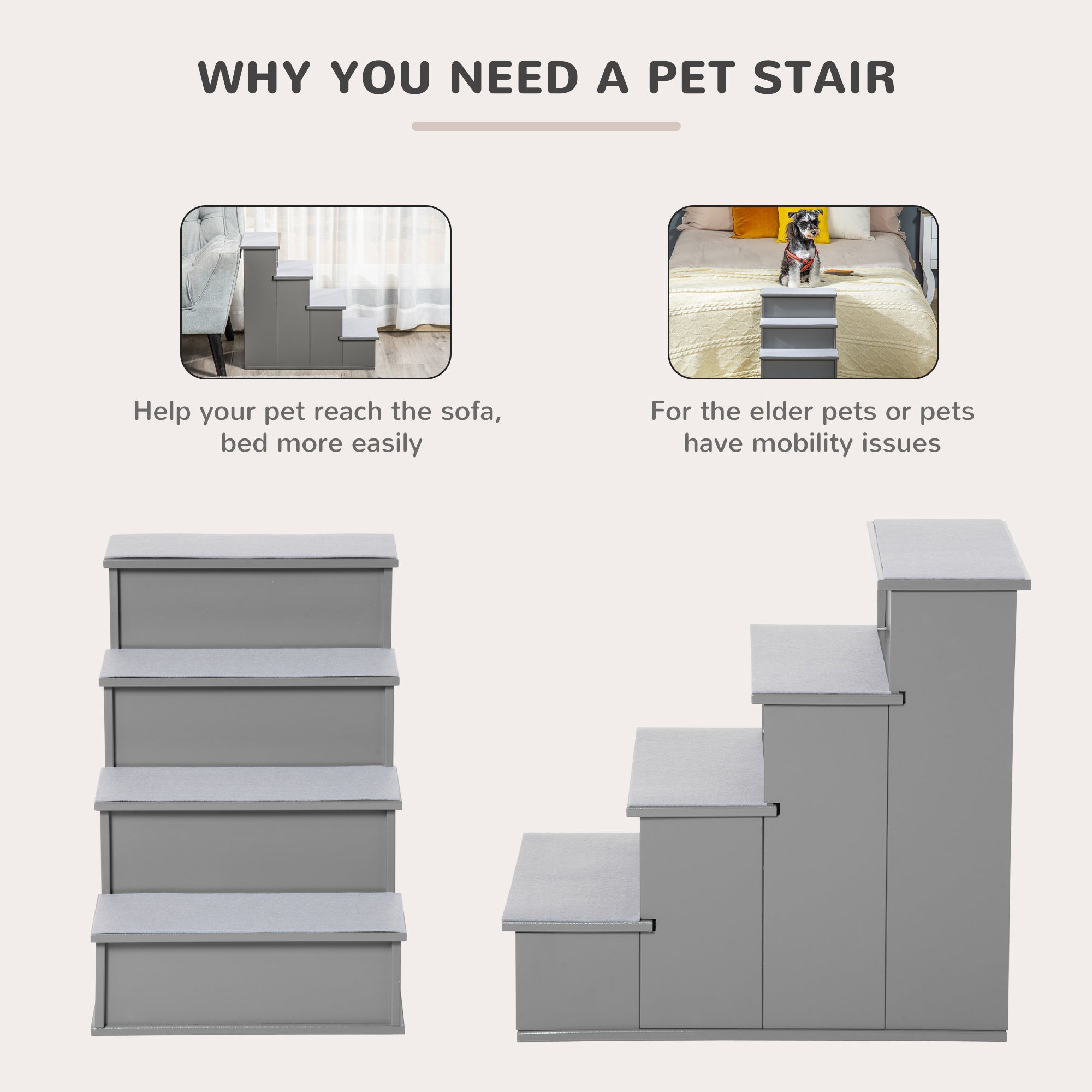 Dog Steps Pet Stairs for Bed Cat Ladder for Couch with Non-Slip Carpet, 15.7" x 23.2" x 21.3", Grey