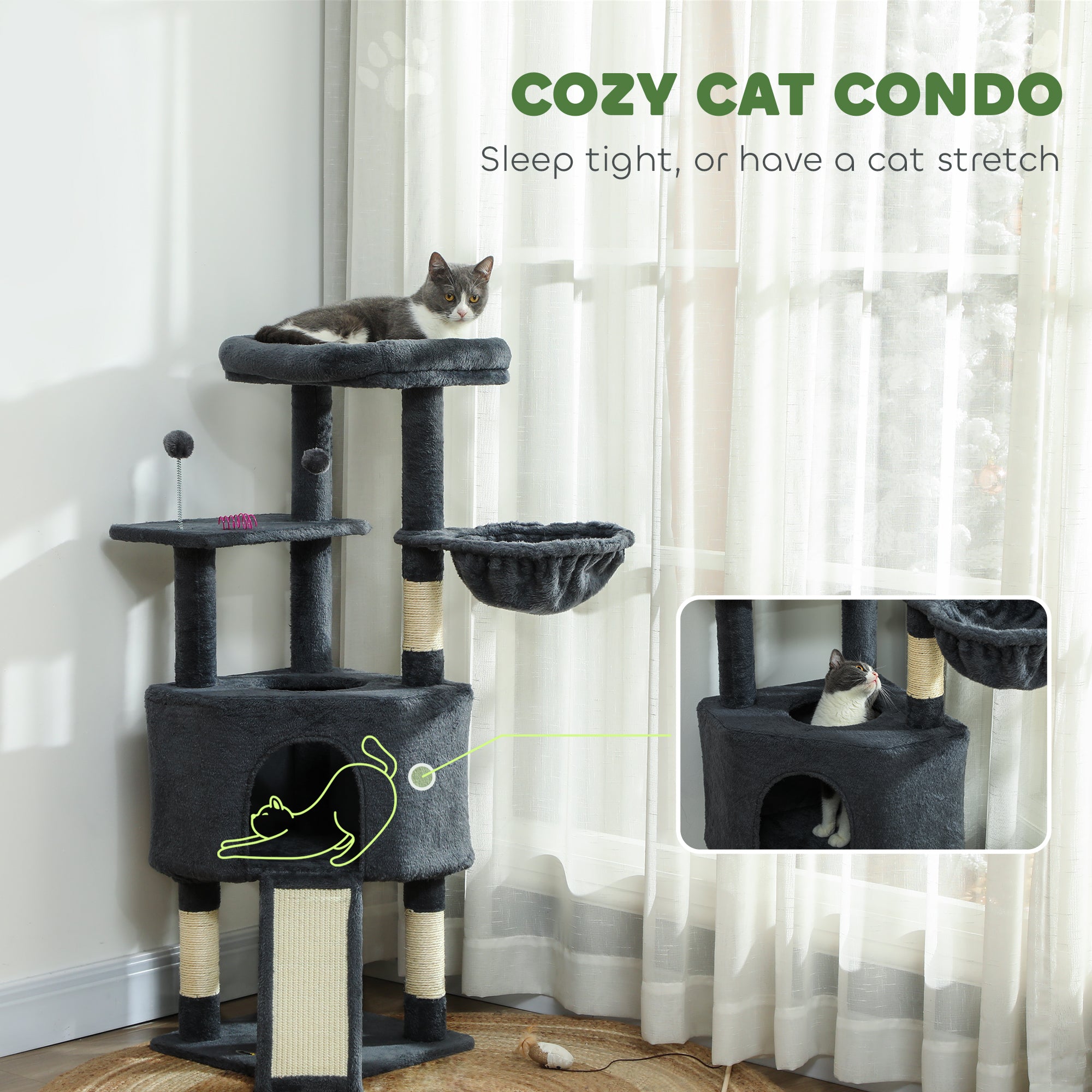 47 Inch Cat Tree, Cat Tower for Indoor Cats with Cozy Condo, Bed, Toy Balls, Sisal Scratching Posts, Hammock, Dark Grey