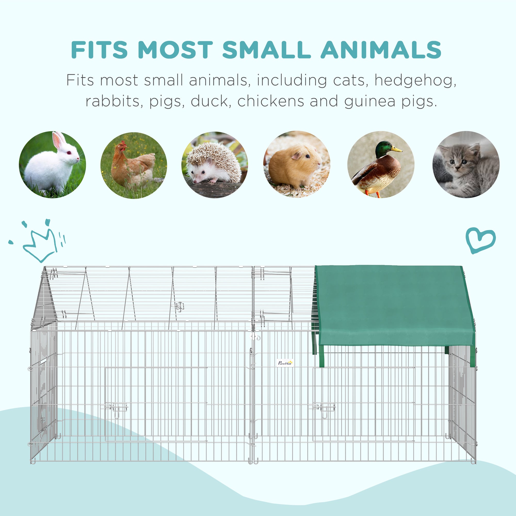 Pet Playpen with Roof, Metal Guinea Pig Cage, Rabbit Pen, Chicken Coop Run, Catio Cat Enclosure with Cover, Doors, Indoor Outdoor for Small Animals, 87" x 41" x 41", Green