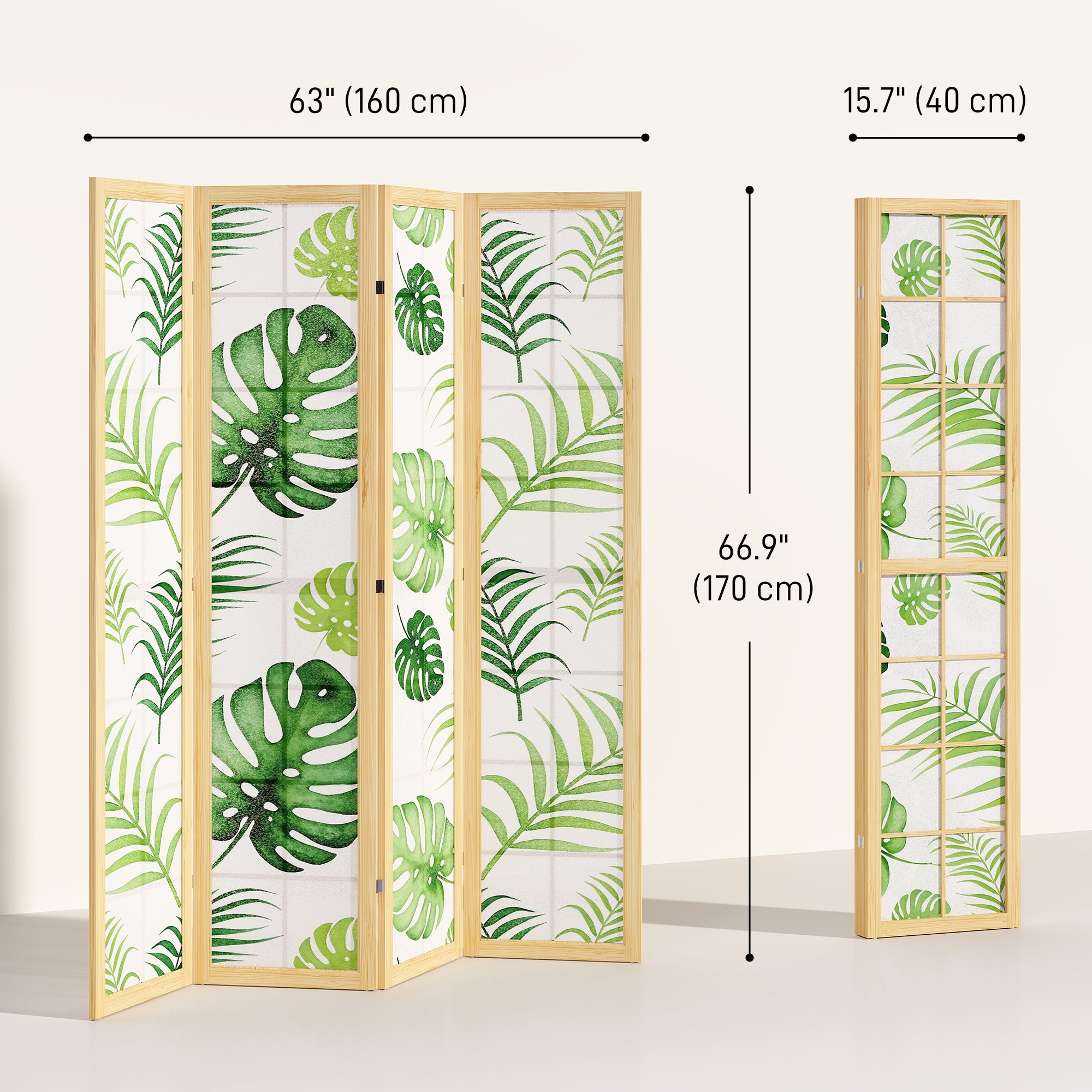 Paravent pliable à 4 panneaux, séparateur de pièce de 67" avec motif de feuilles de palmier pour le salon ou la chambre, naturel et vert
