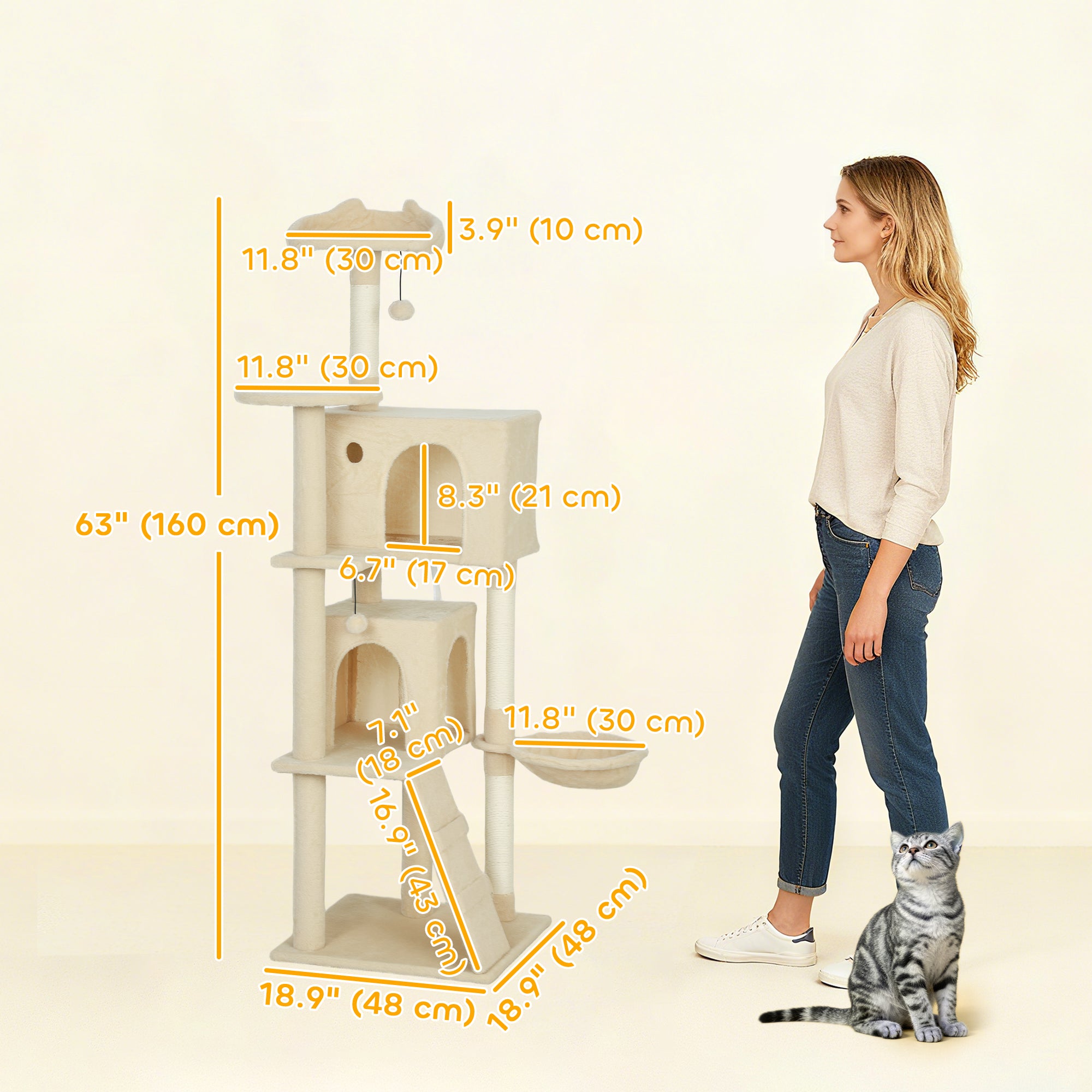 63 Inch Cat Tree with Sisal Scratching Posts, Condos, Plush Perches, Hammock, Ladder, Dangling Balls, Beige