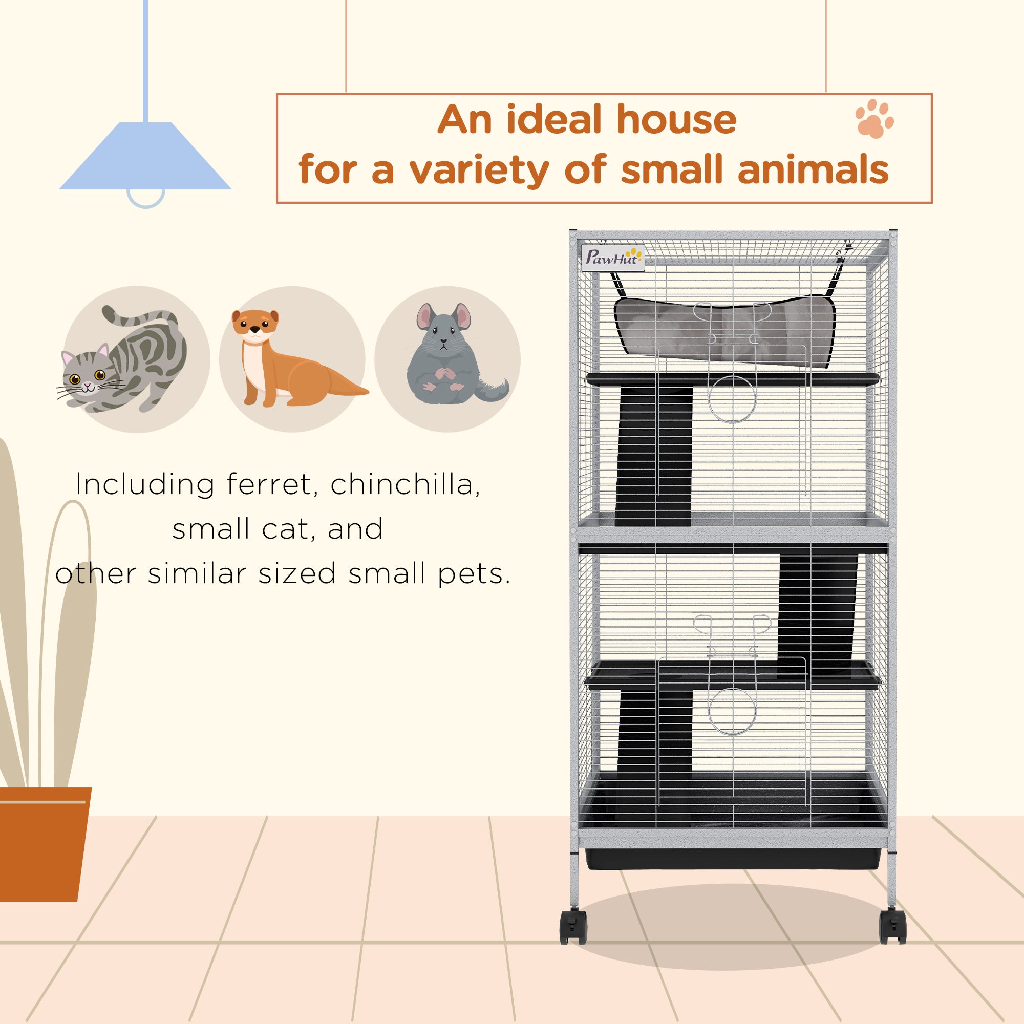 Cage en acier de petite taille pour furet, chinchilla, chaton et lapin, gris clair