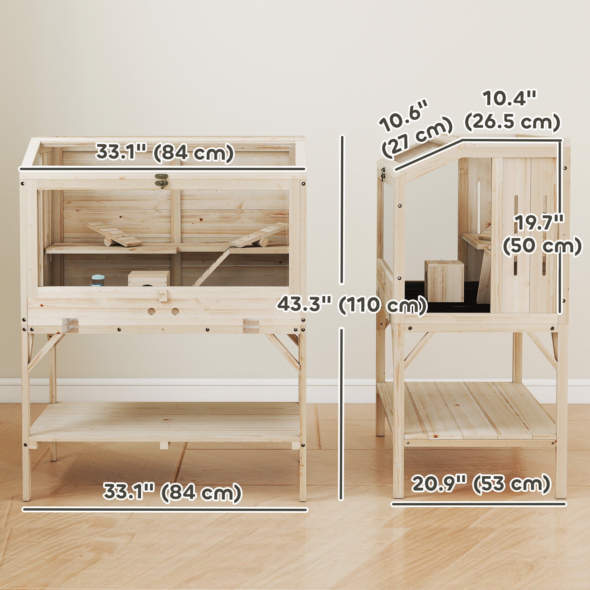 Wooden Hamster Cage with Openable Top, Water Bottle, Transparent Panels for Syrian, Dwarf Hamsters and Gerbils, Natural