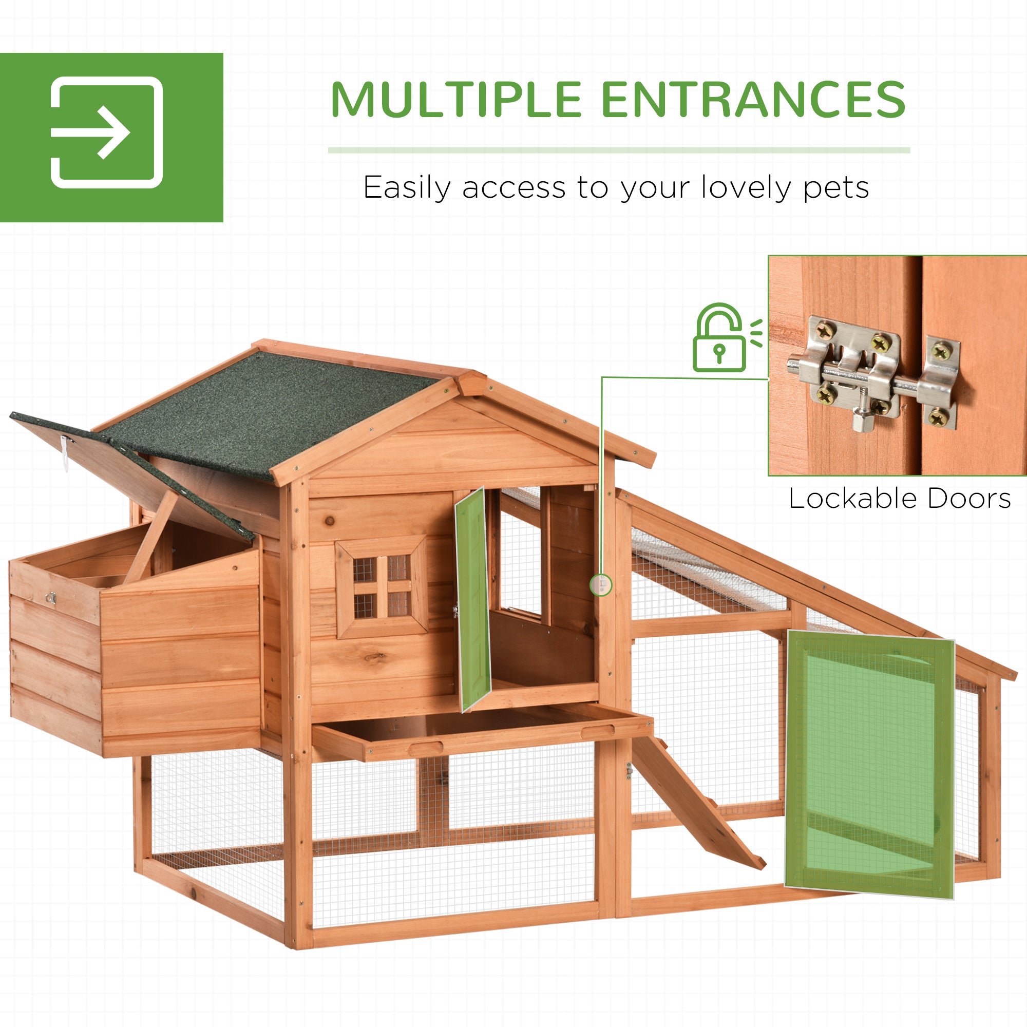 69" Chicken Coop Wooden Hen House Rabbit Hutch Poultry Cage Pen Outdoor Backyard with Outdoor Run Resting Nesting Box Removable Tray Waterproof Asphalt Roof Lockable Door Yellow and Green