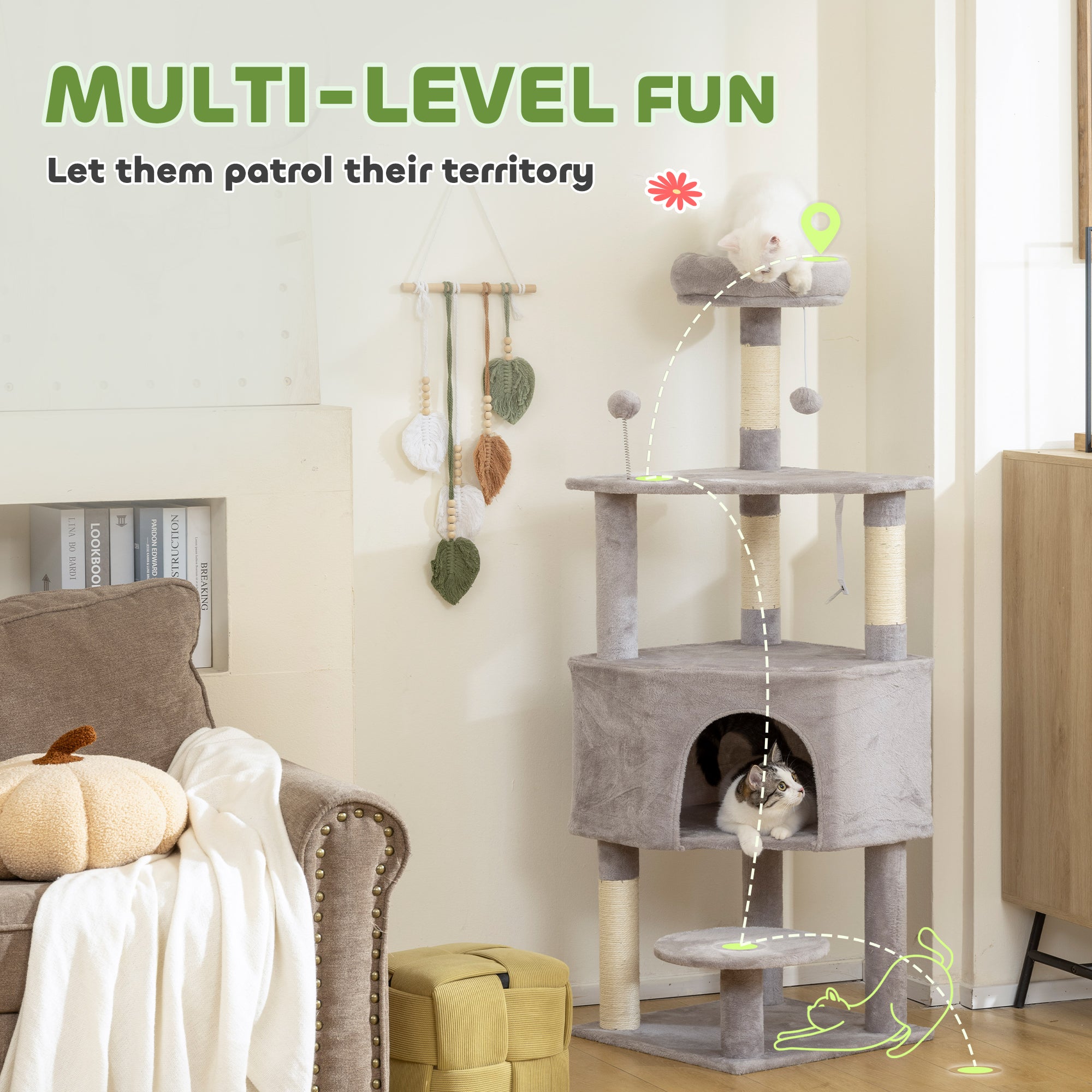 54 Inch Cat Tree with Large Condo, Top Perch, Sisal Scratching Posts, Dangling Toy Ball,Light Grey