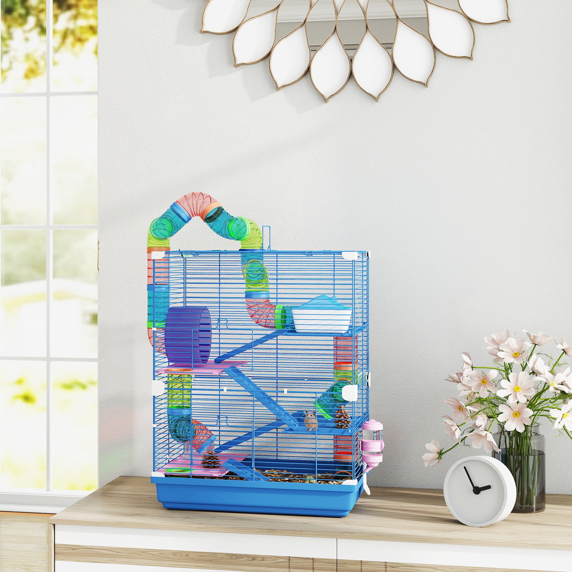 5 Tiers Hamster Cage Portable with Exercise Wheels Play Tube Water Bottle Dishes House Ladder for Gerbils, Dark Blue