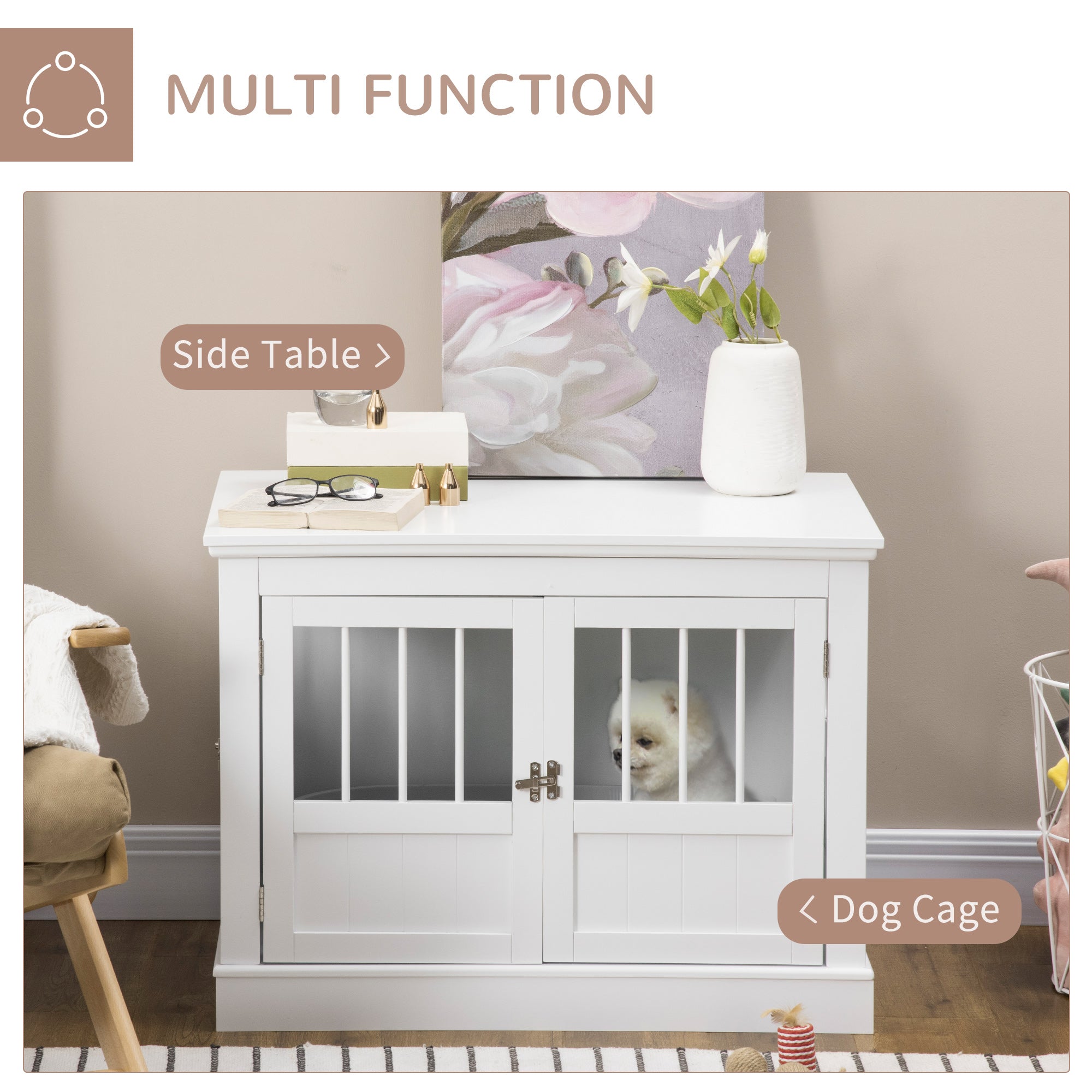 Meuble cage pour chien de 31" servant de table d’appoint à trois portes pour petits chiens, blanc