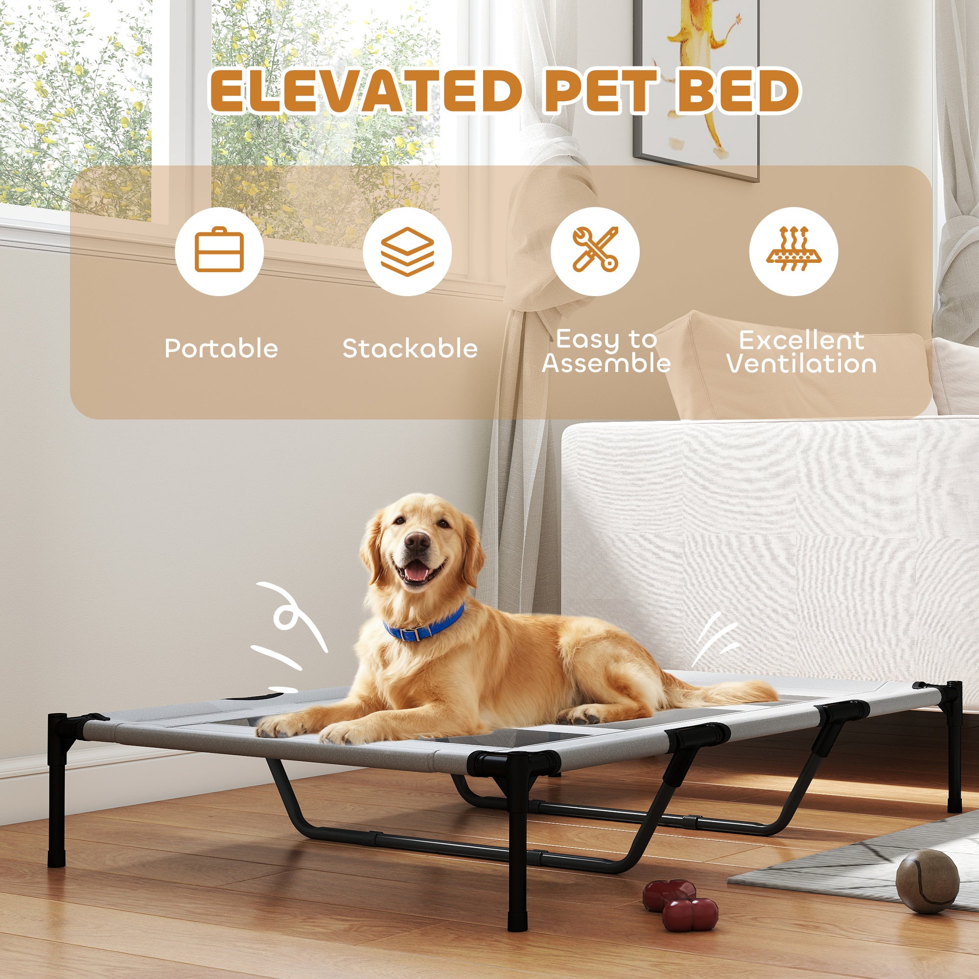 Elevated Dog Bed, Raised Dog Cot for XL Sized Dogs, Indoor & Outdoor, 48" x 36" x 9", Light Grey