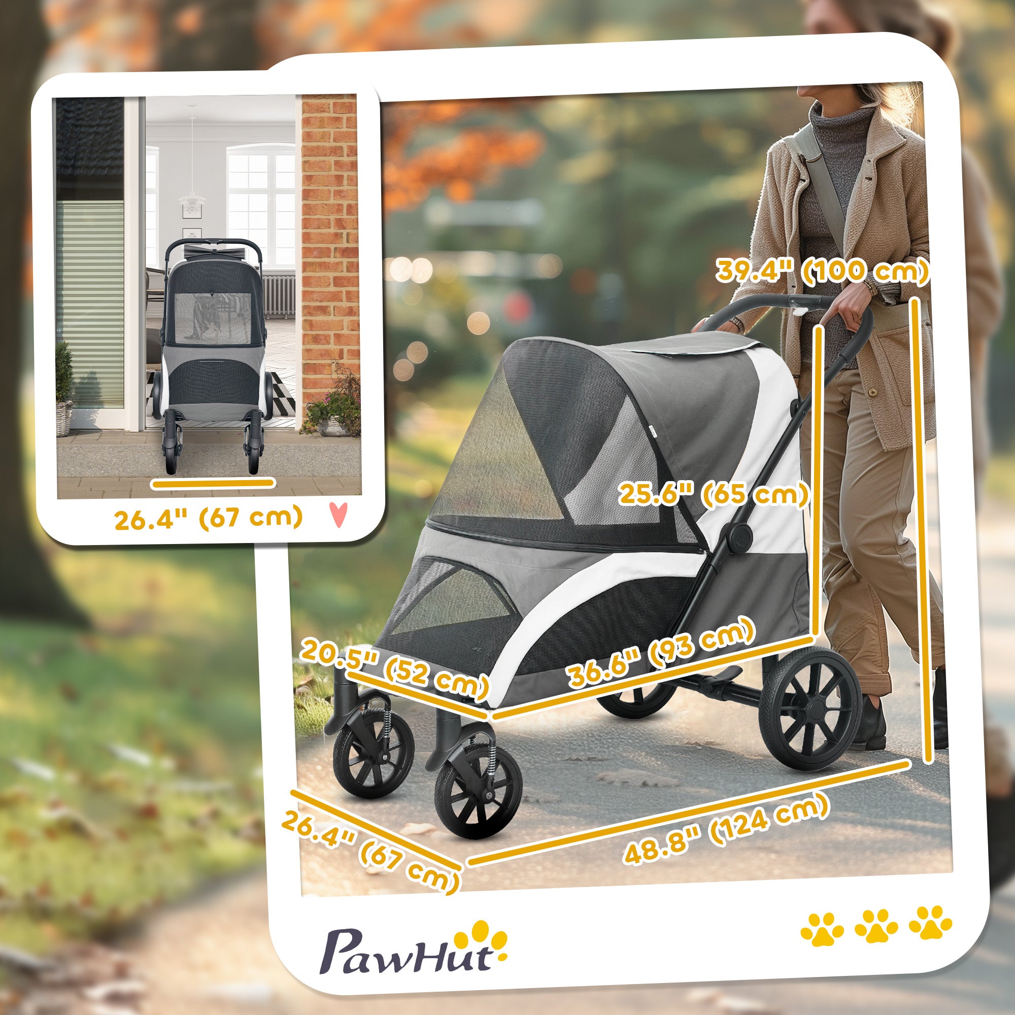 Foldable Pet Stroller for Medium Dogs with Four Big Wheels, Shock-Absorbing Frame, Safety Leashes, Brakes, Dark Grey